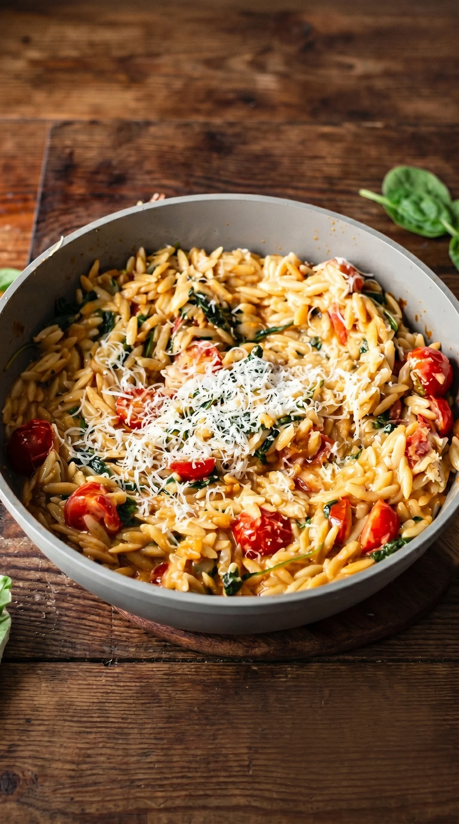 A bowl of pasta with tomatoes and spinach.