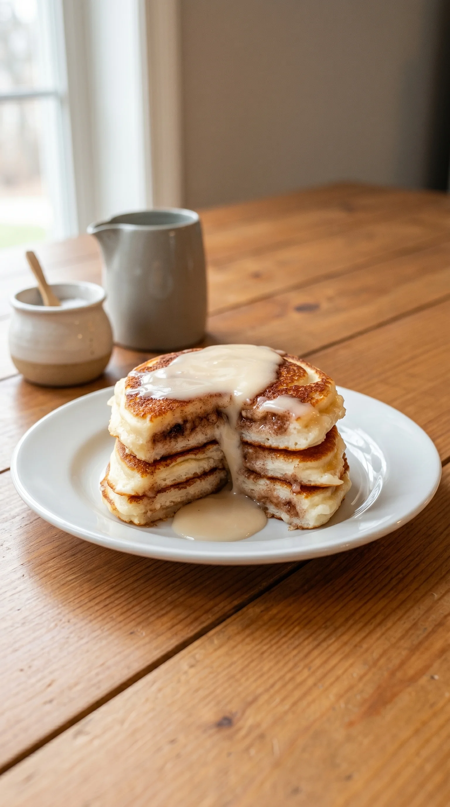 A stack of Zimtschnecken-Pfannkuchen on a plate.