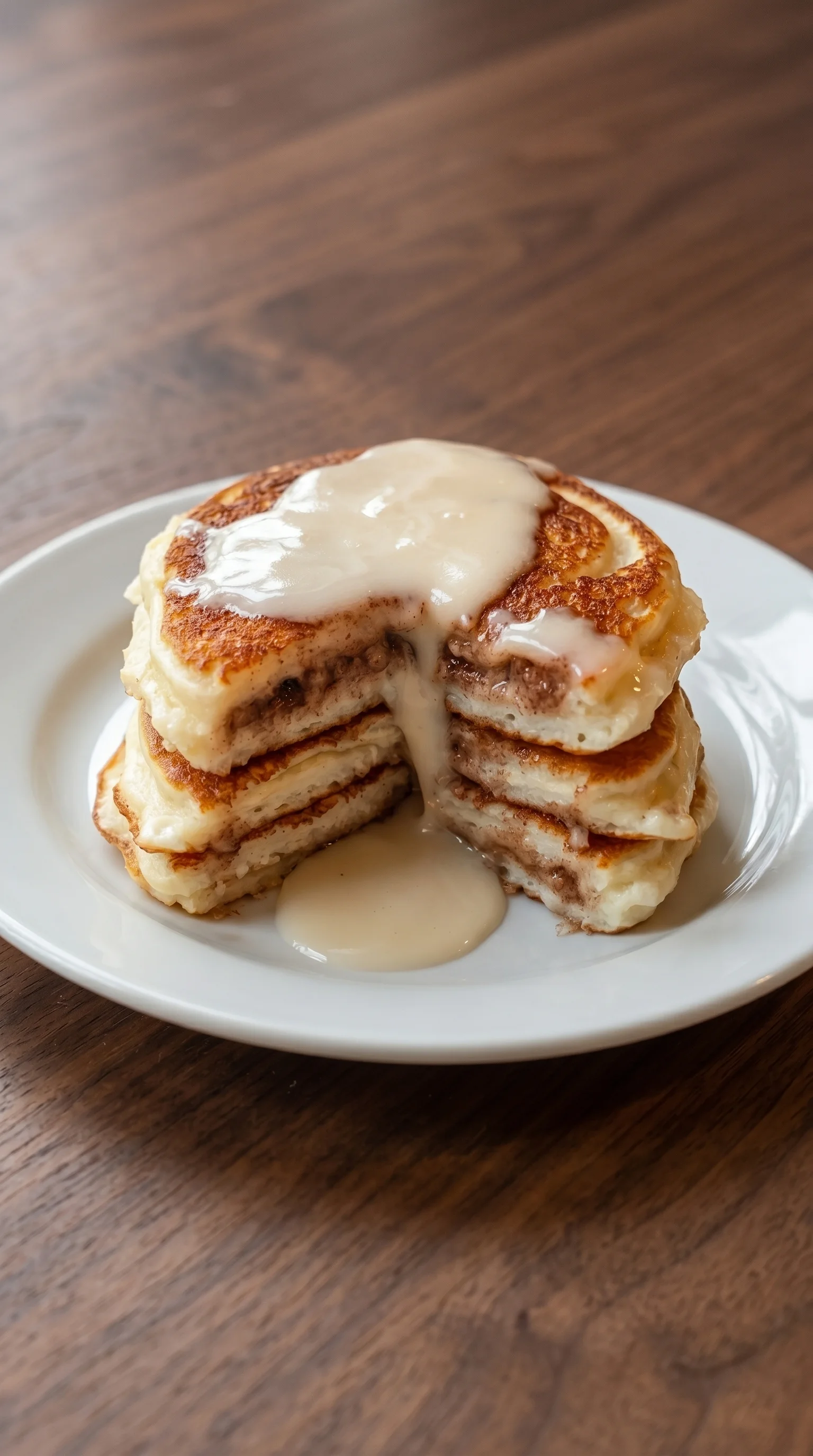 A stack of Zimtschnecken-Pfannkuchen on a plate.