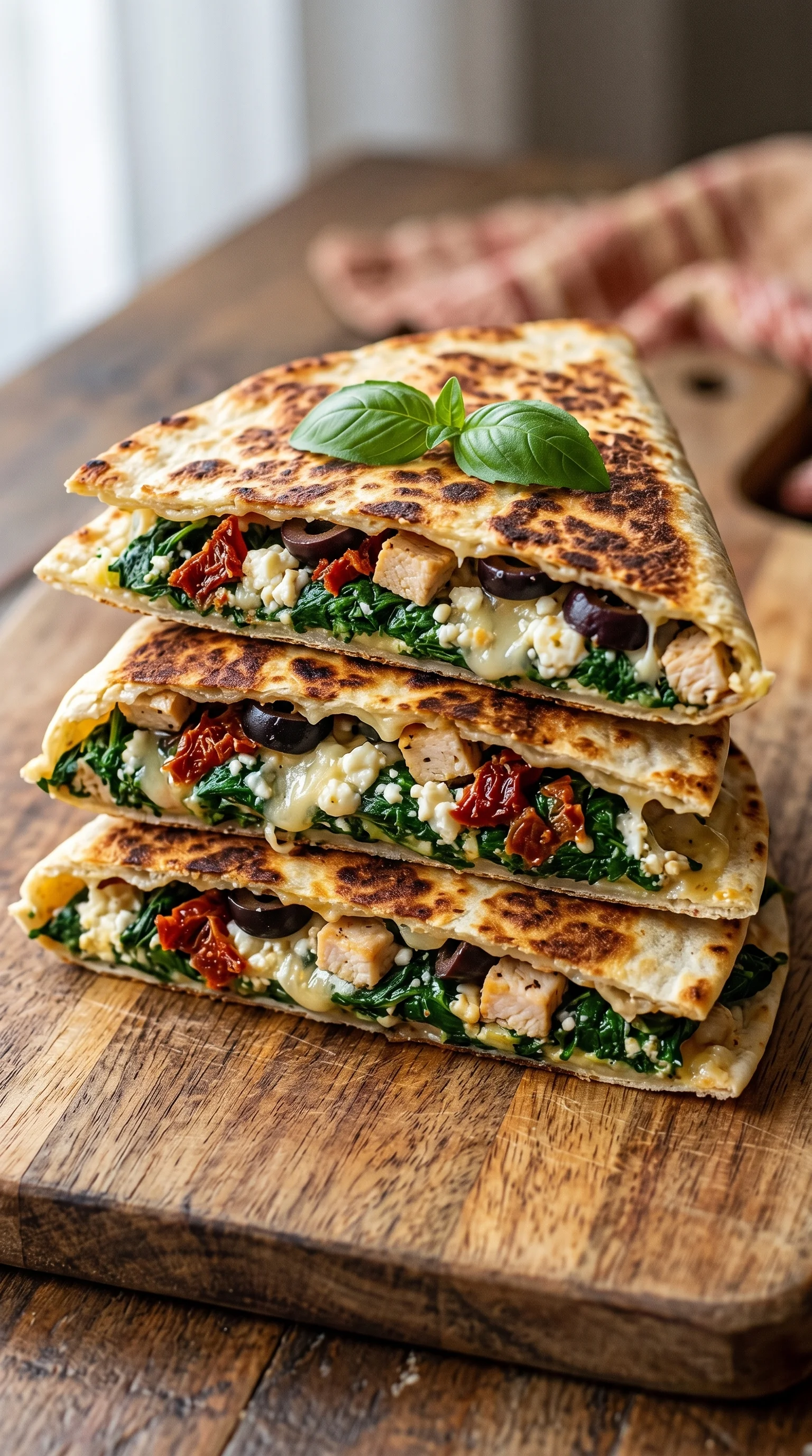 Three stacked spinach and feta quesadillas.