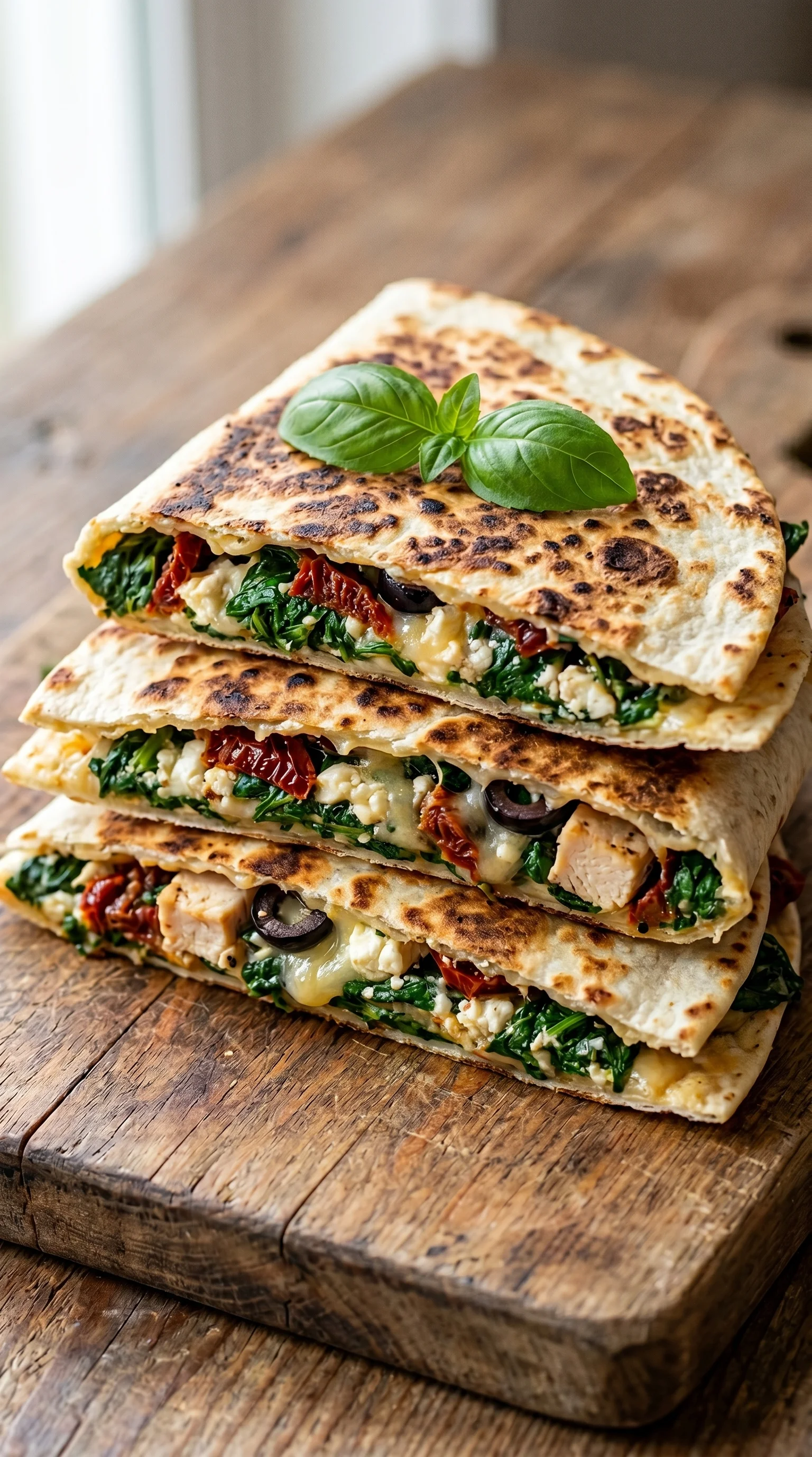 A stack of spinach and cheese quesadillas.