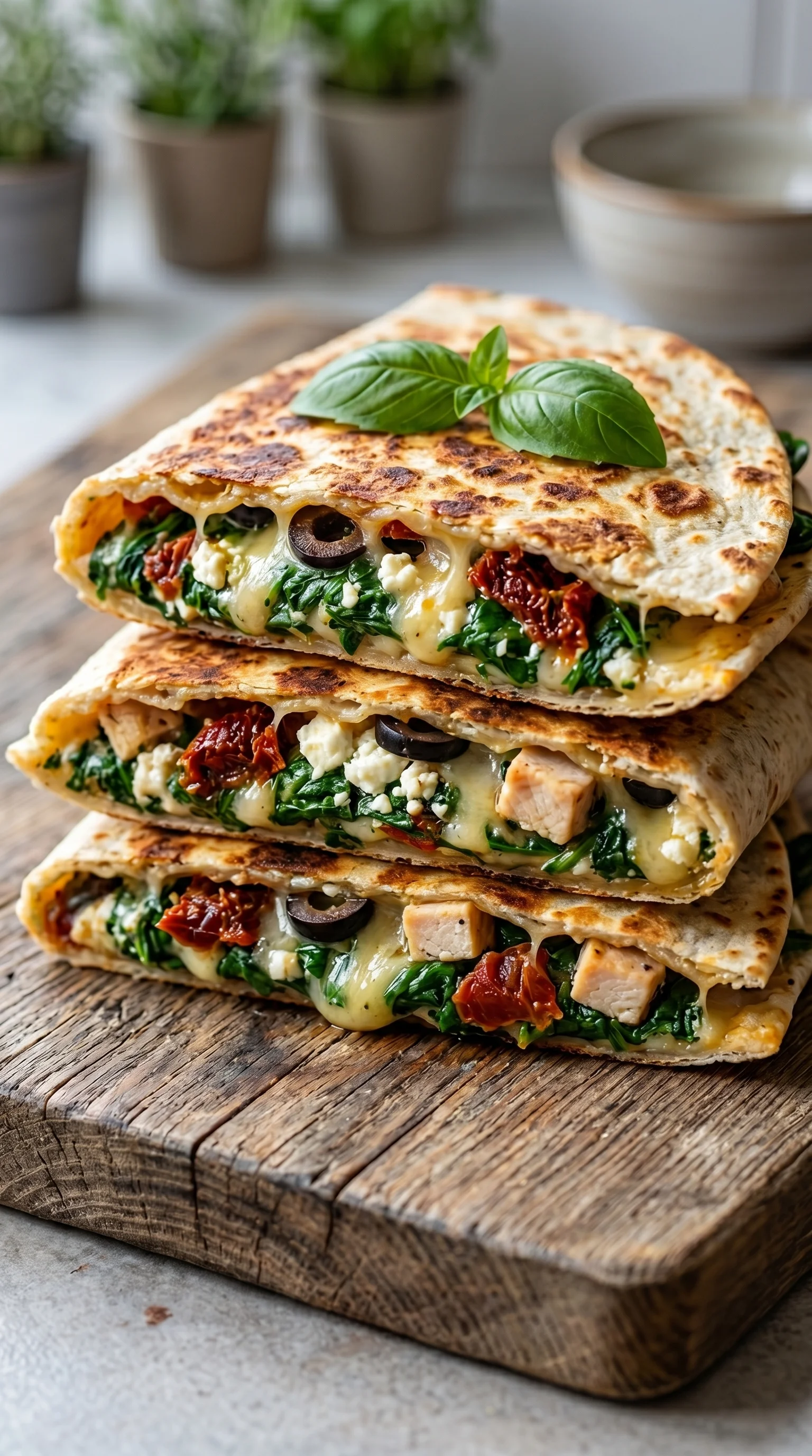 Three quesadillas with spinach and feta cheese.