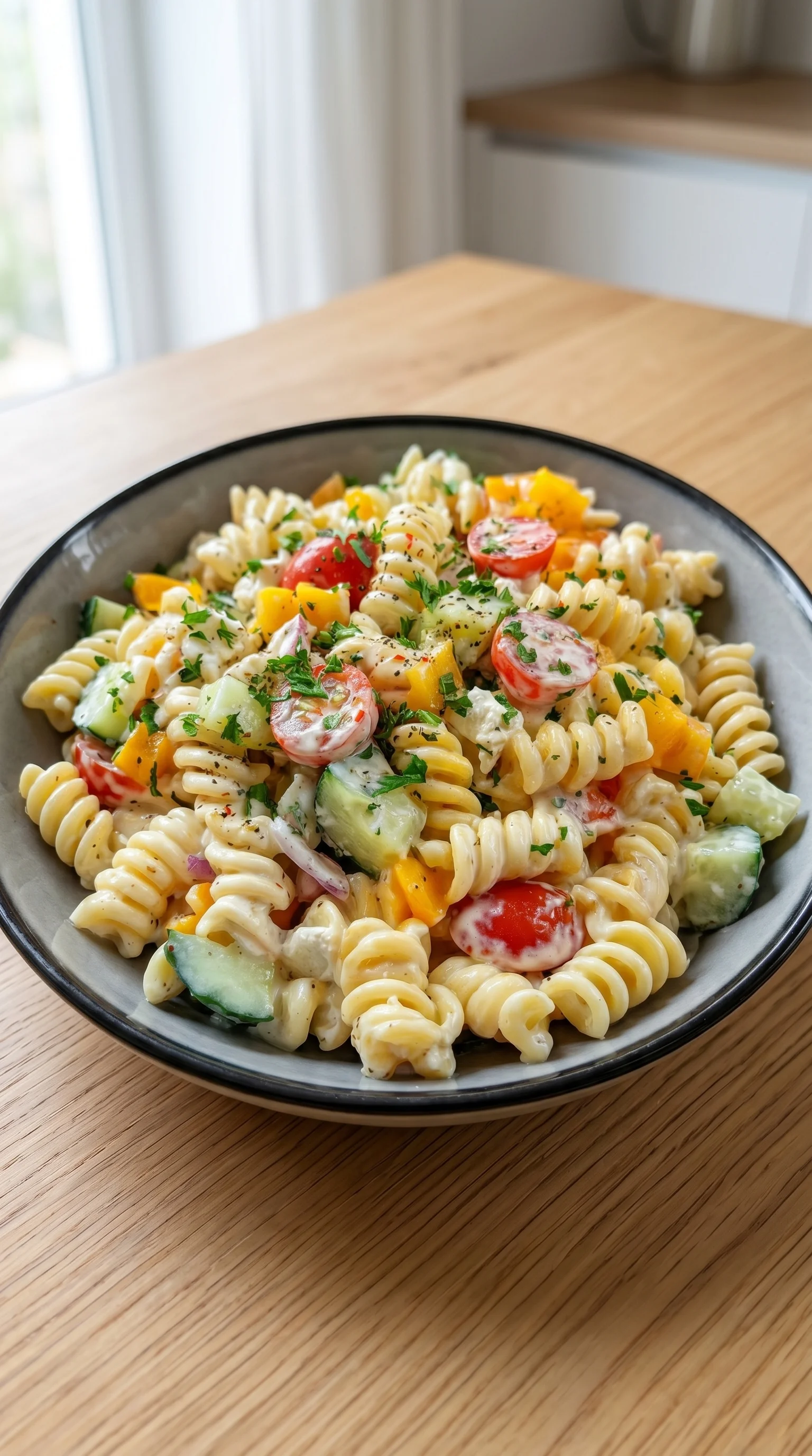 A bowl of pasta salad with tomatoes, cucumbers, and herbs.
