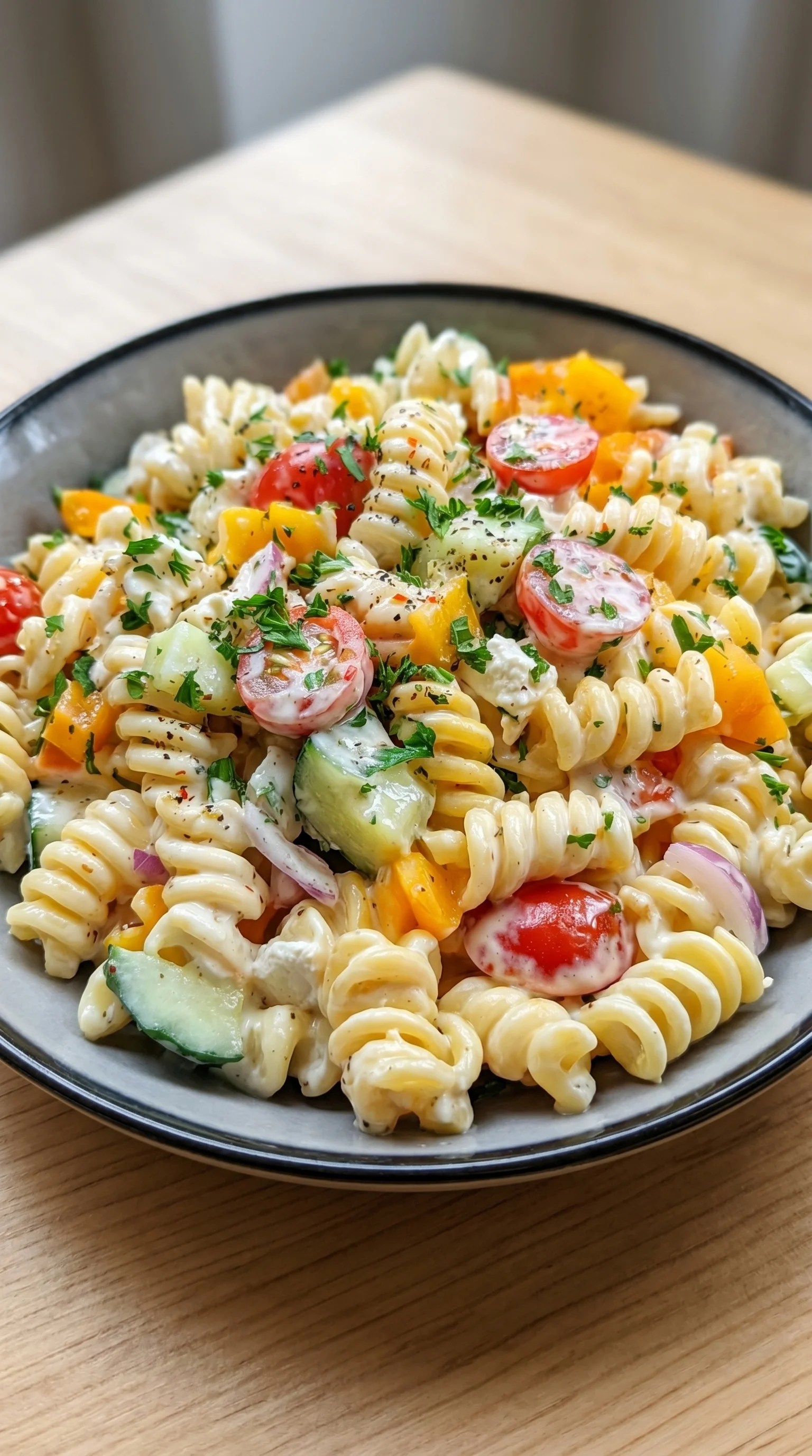 A bowl of pasta with vegetables and cheese.