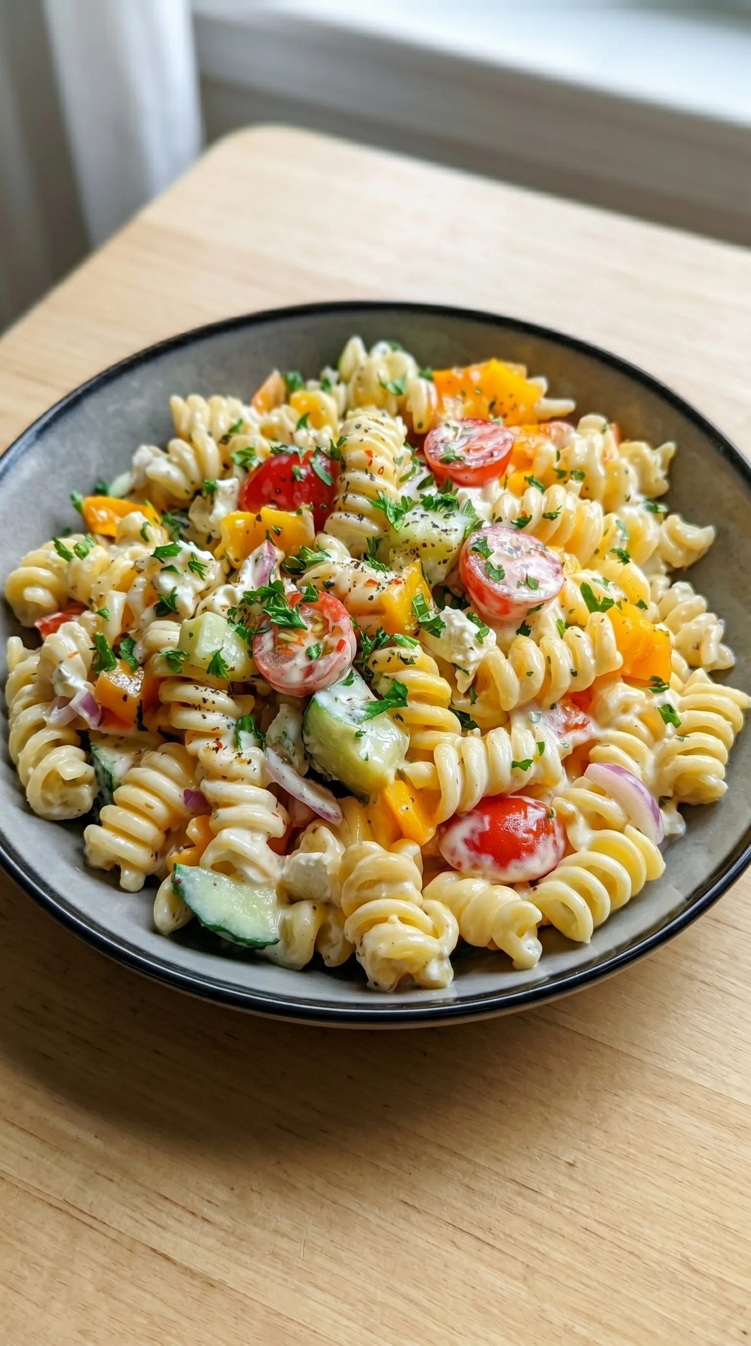 A bowl of pasta salad with tomatoes, cucumbers, and herbs.