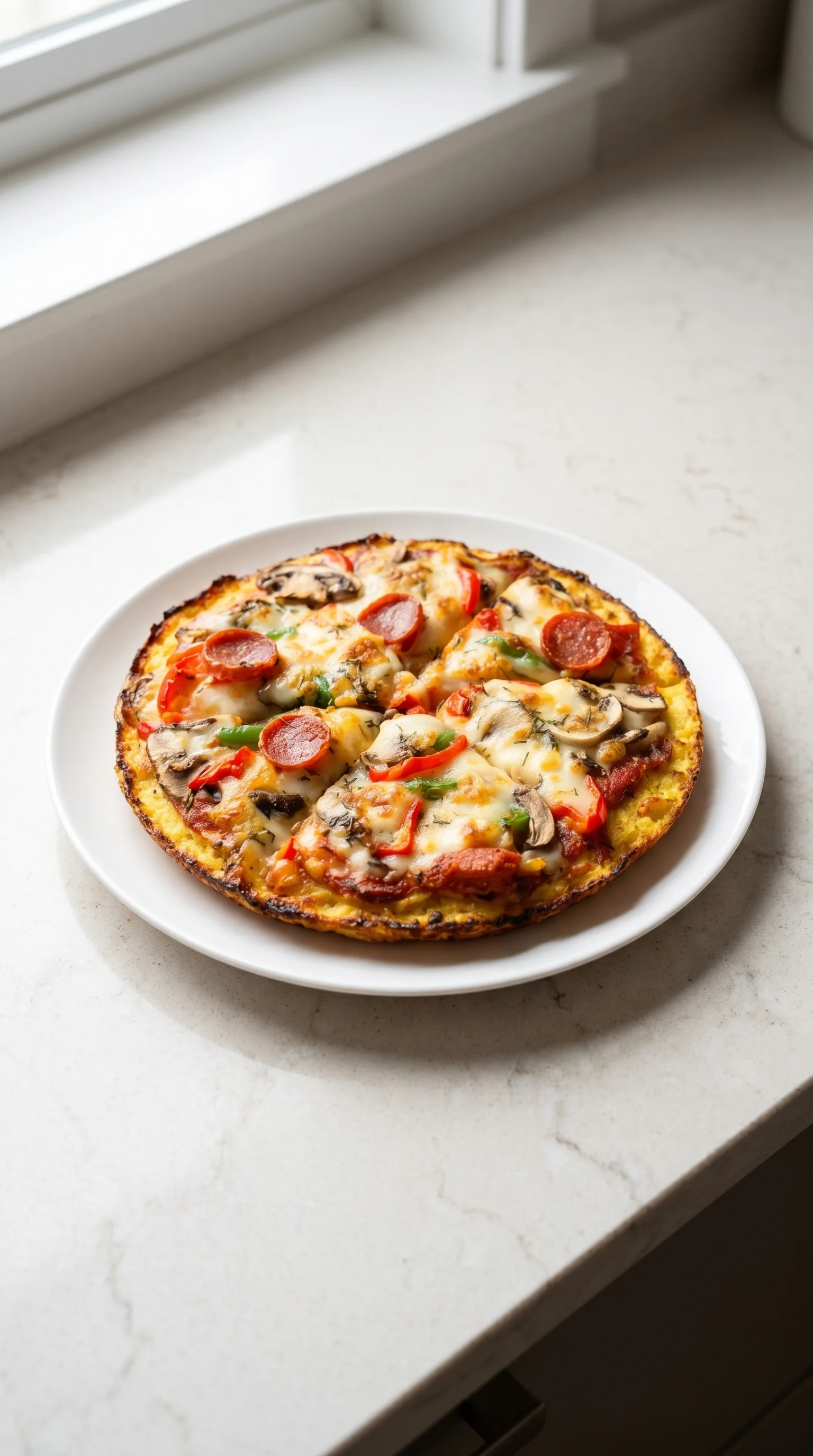 A low carb pizza with mushrooms and peppers.