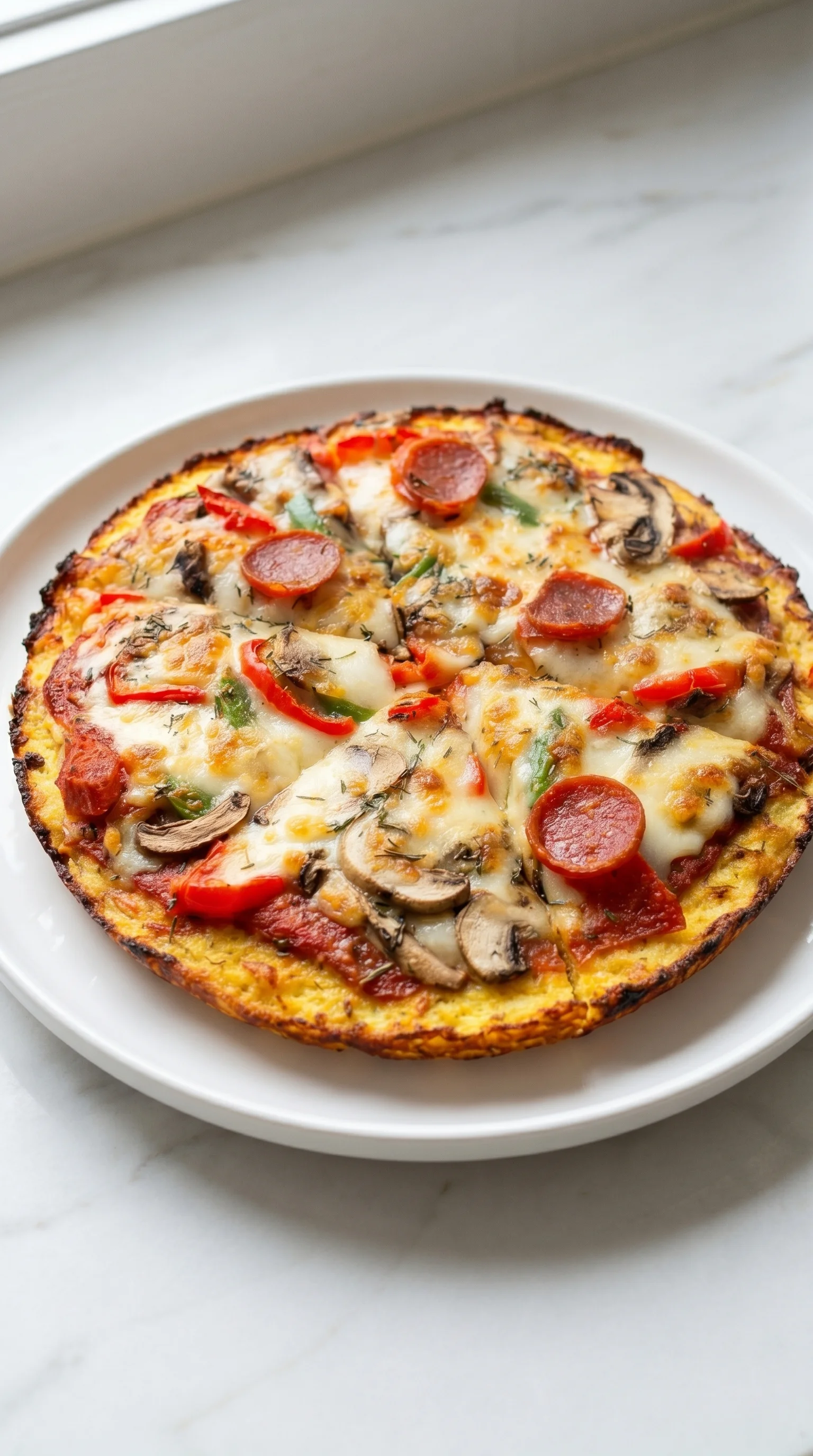 A low carb pizza with pepperoni, mushrooms, and cheese.