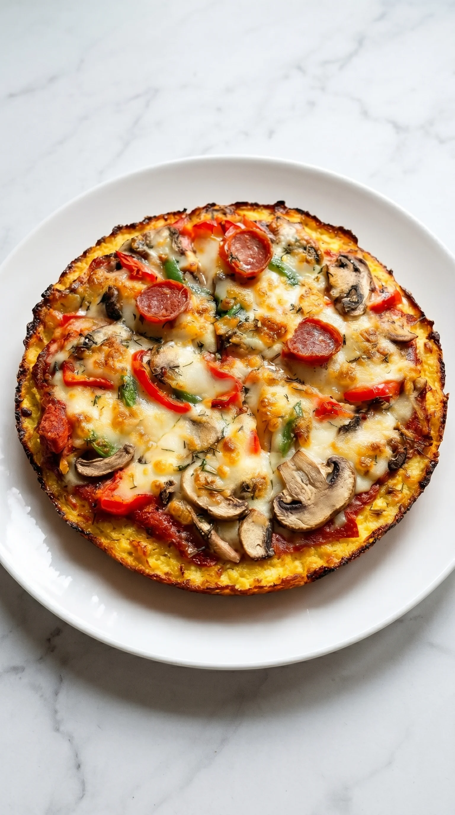 A low carb pizza with mushrooms and peppers.