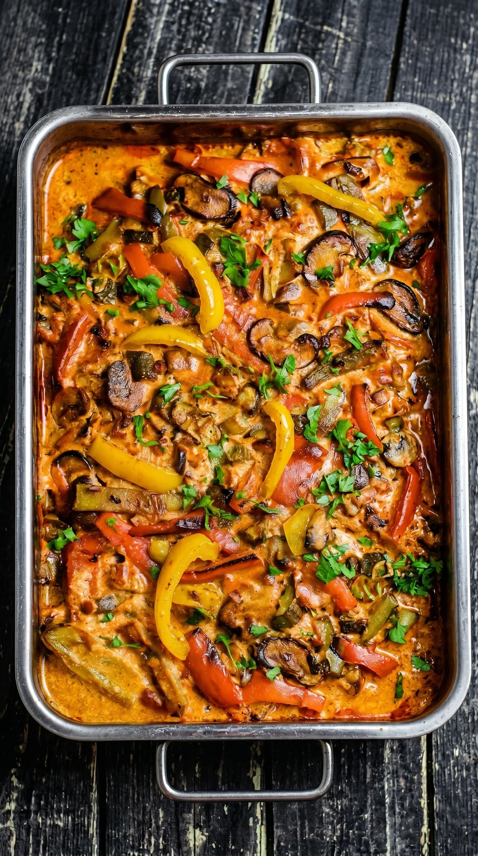 A dish of food with peppers and mushrooms.