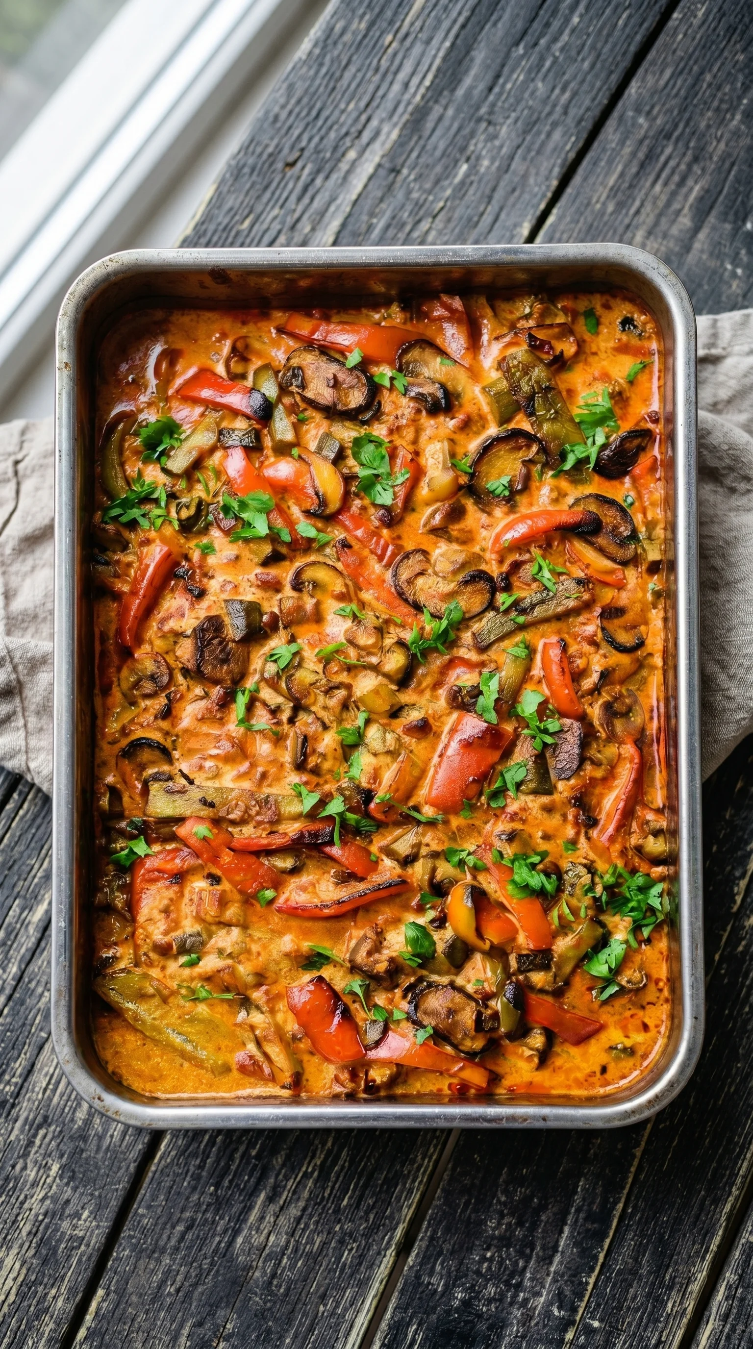 A pan of food with mushrooms, peppers, and tomatoes.