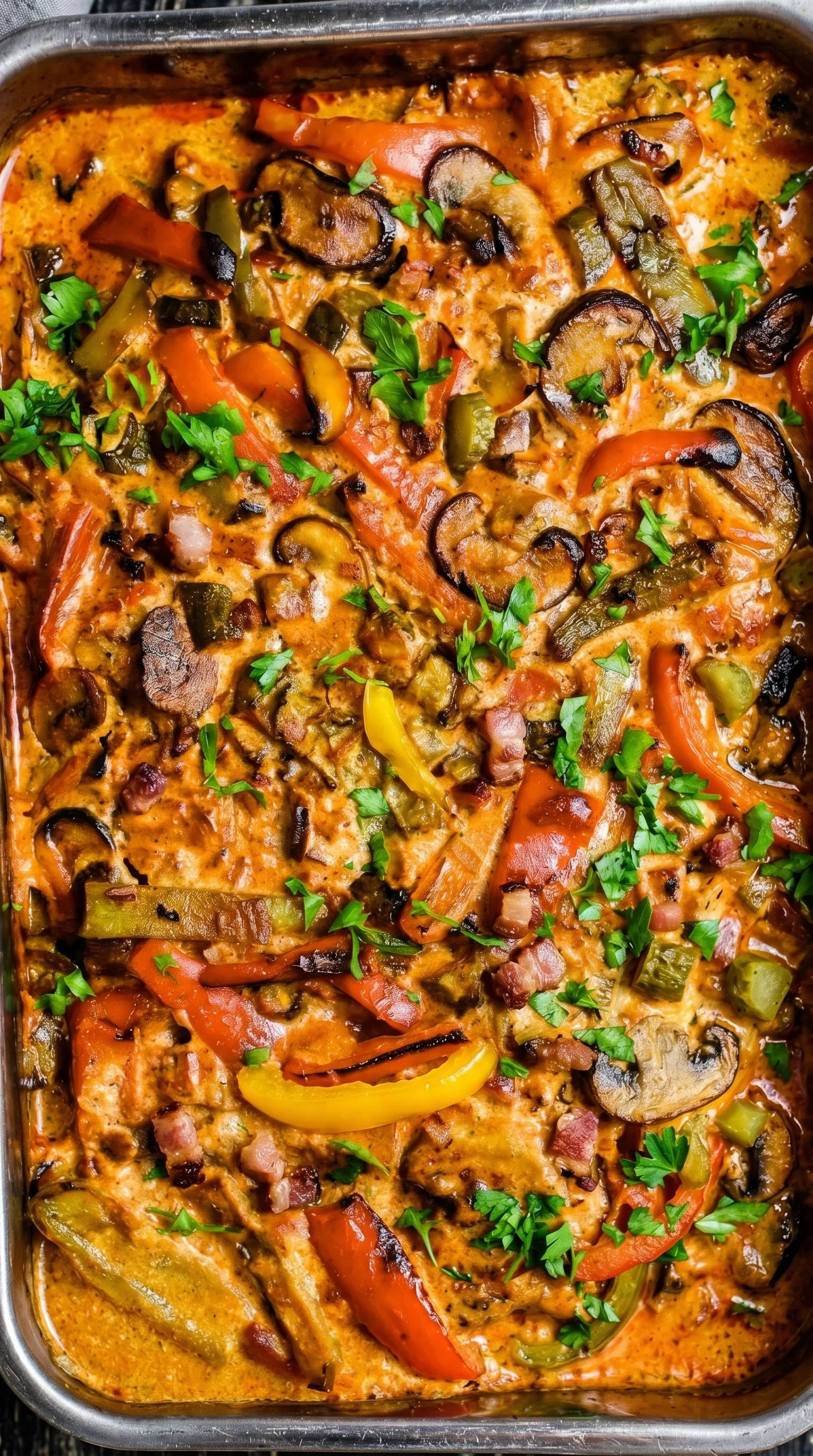 A dish of food with mushrooms, peppers, and onions.