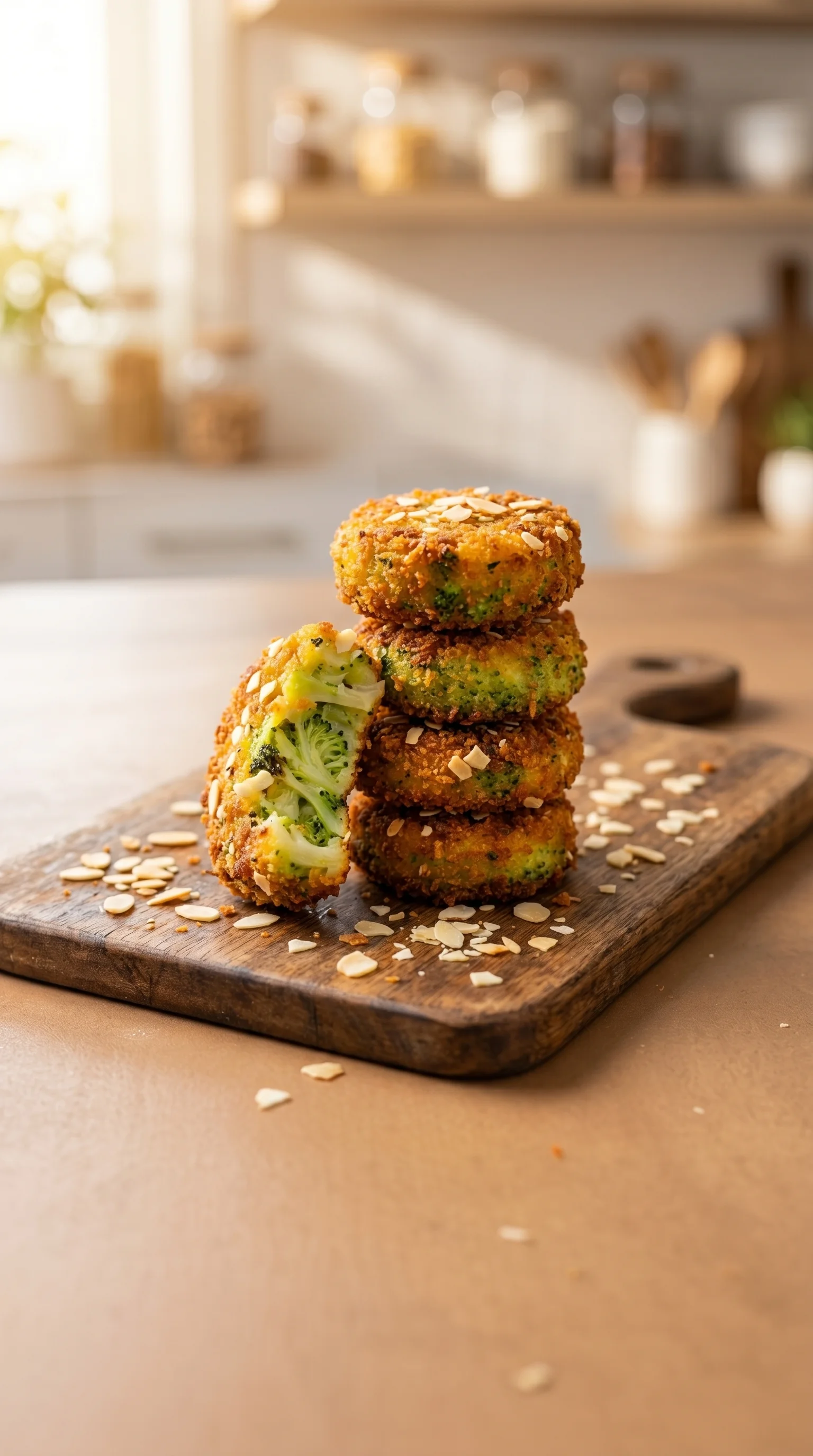 Broccoli cheese nuggets on a wooden board.