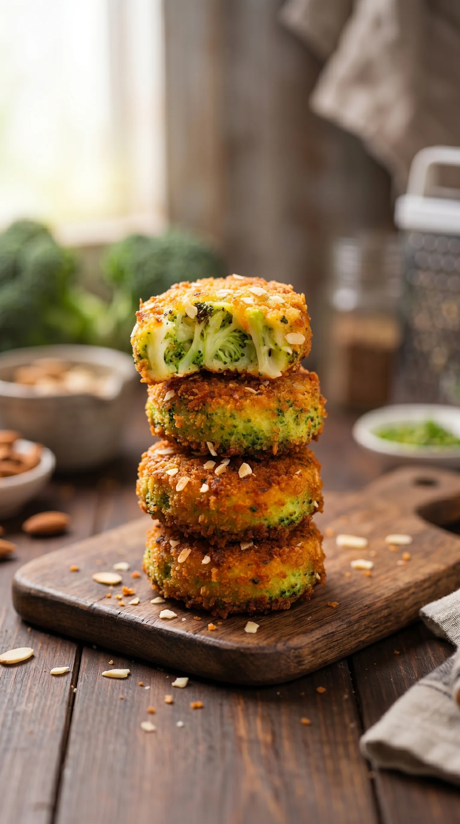 Broccoli Käse Nuggets stacked on a cutting board.