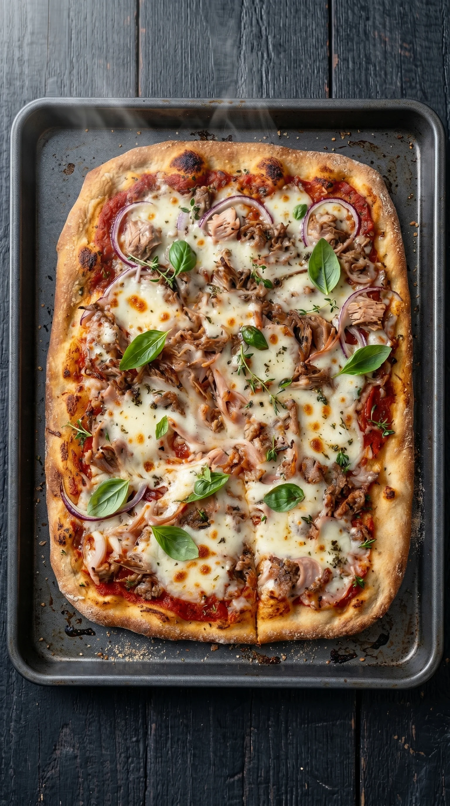 A pizza with meat and vegetables on it.