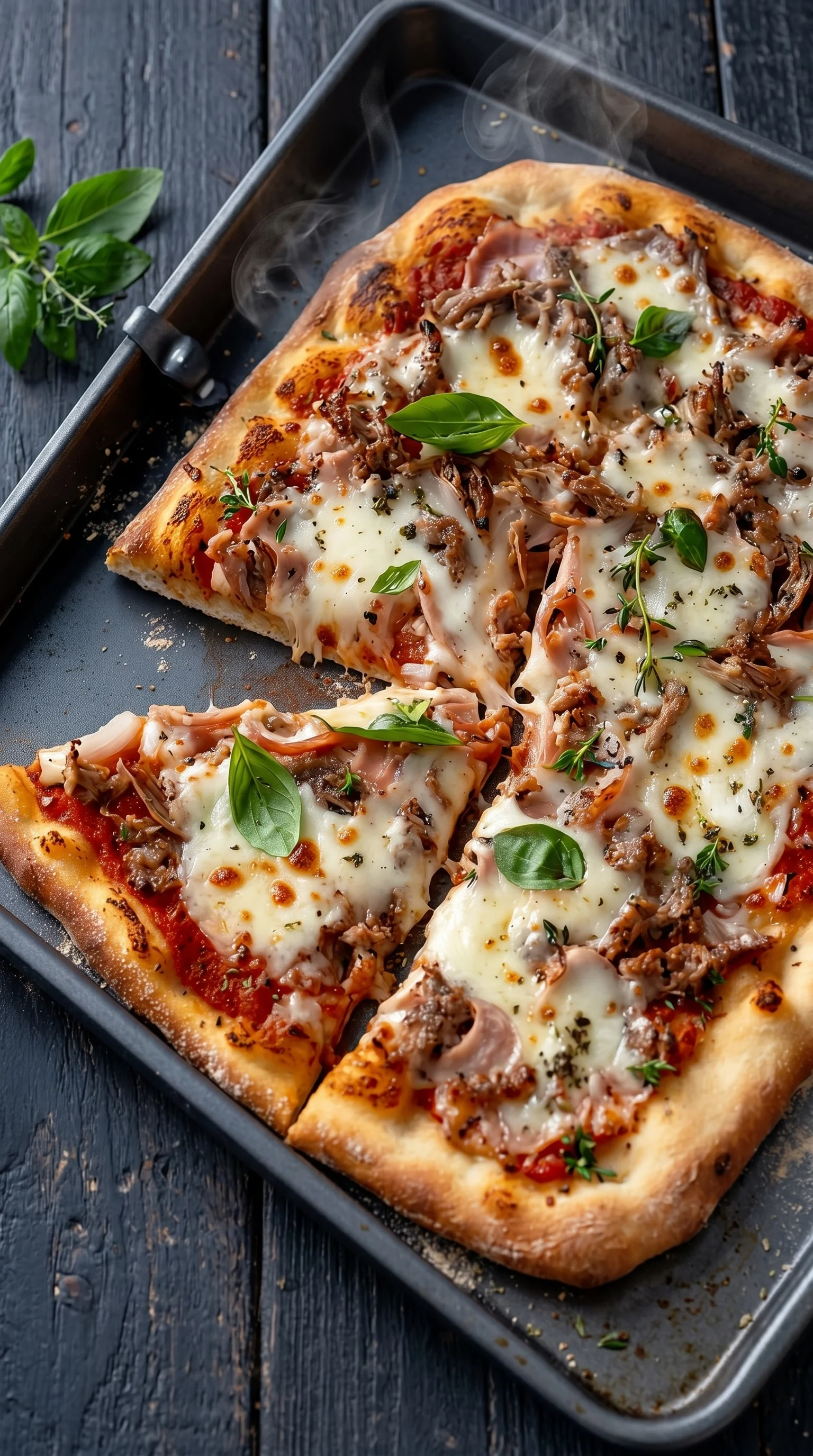 A pizza with meat and cheese on top.