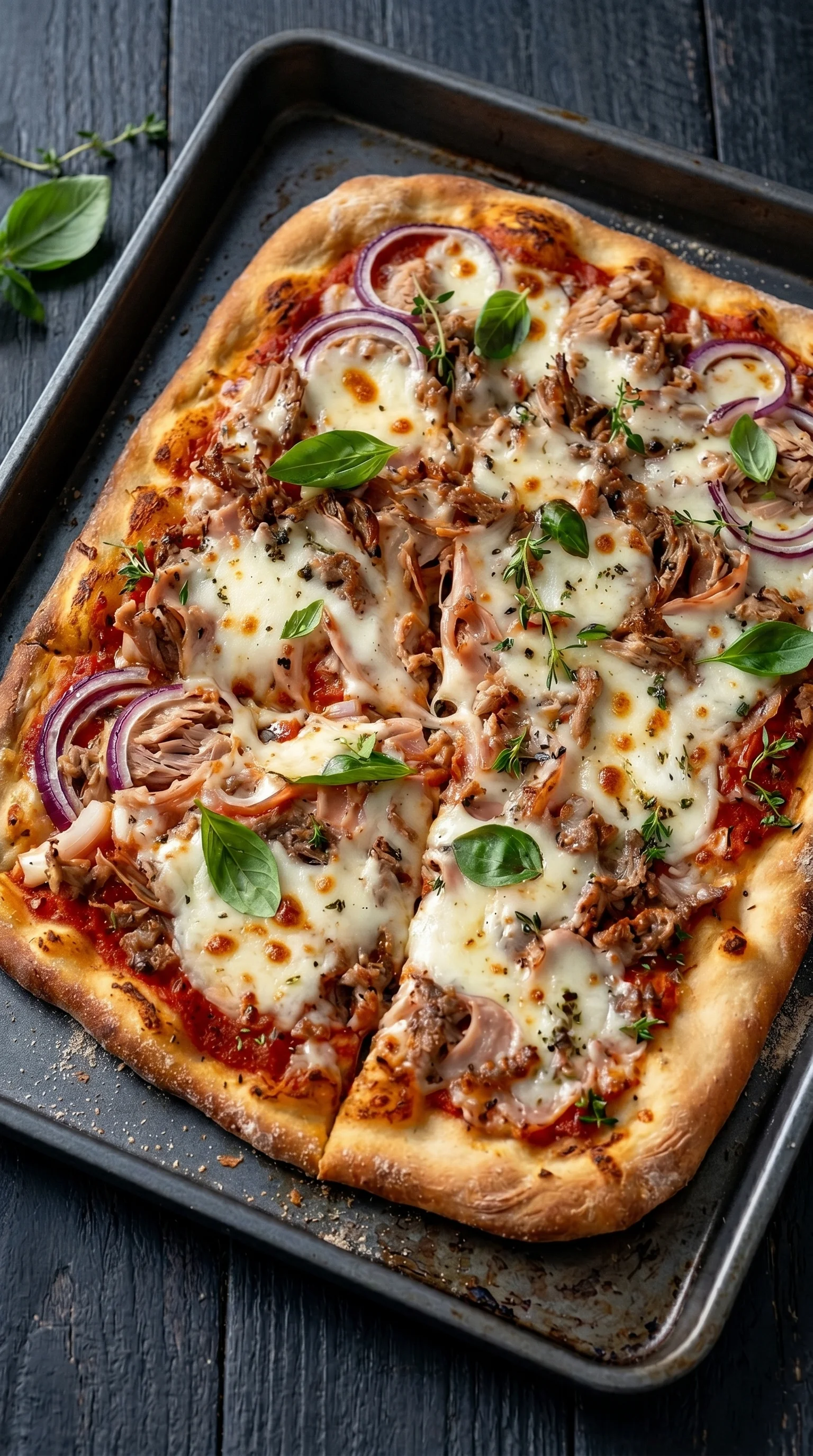 A pizza with meat and vegetables on it.