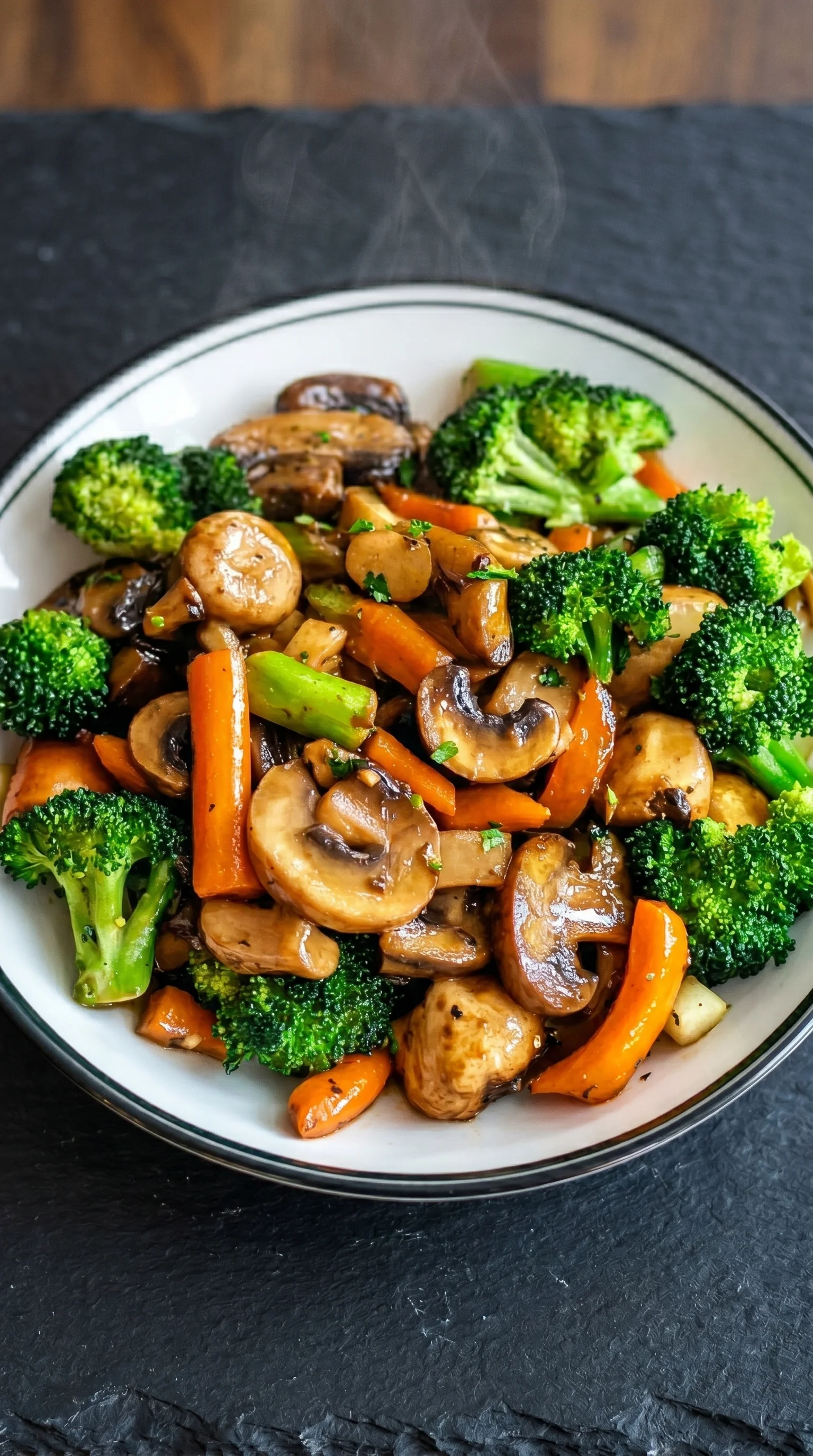 A bowl of vegetables including mushrooms and broccoli.