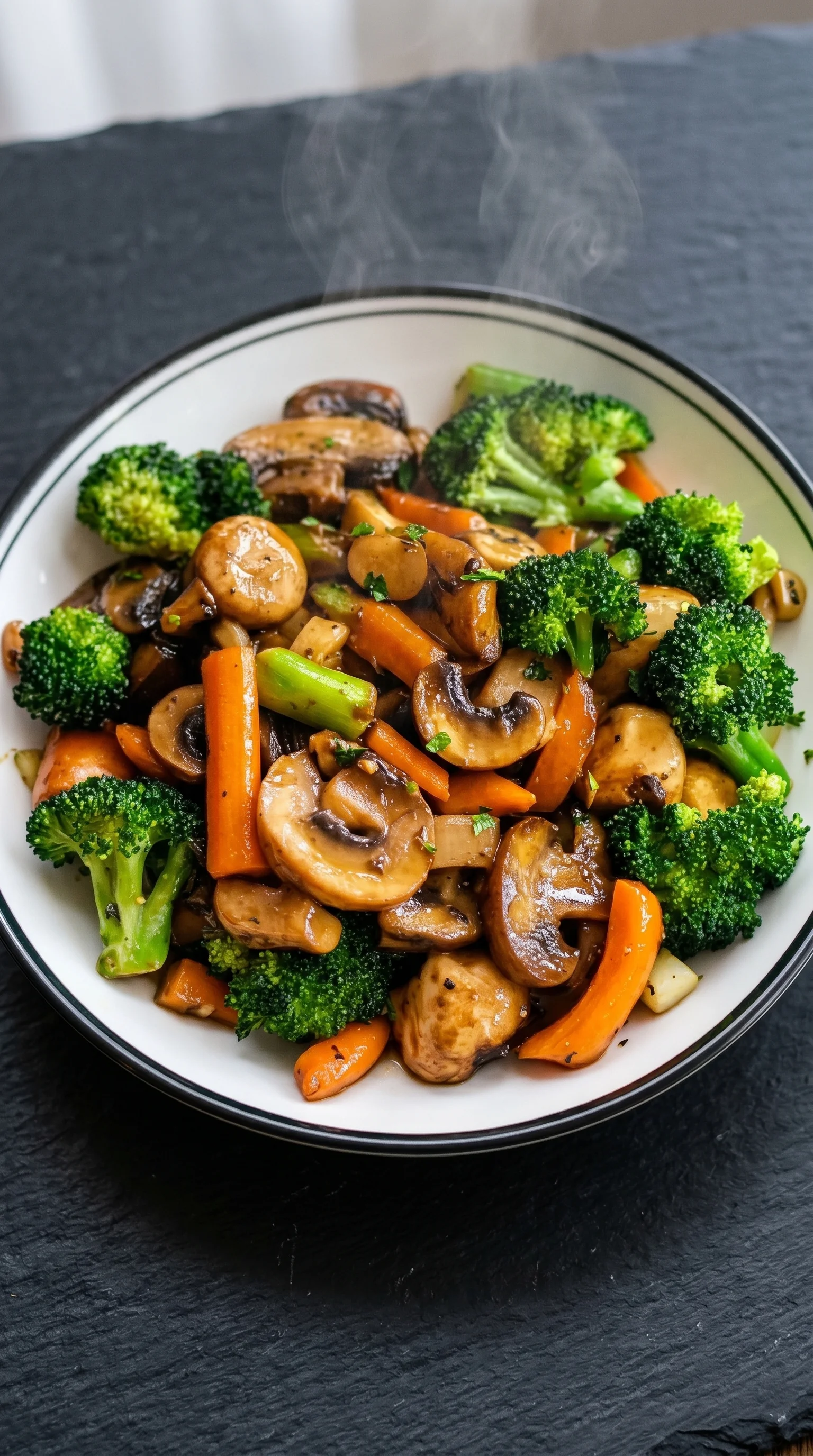 A bowl of mushrooms and broccoli.