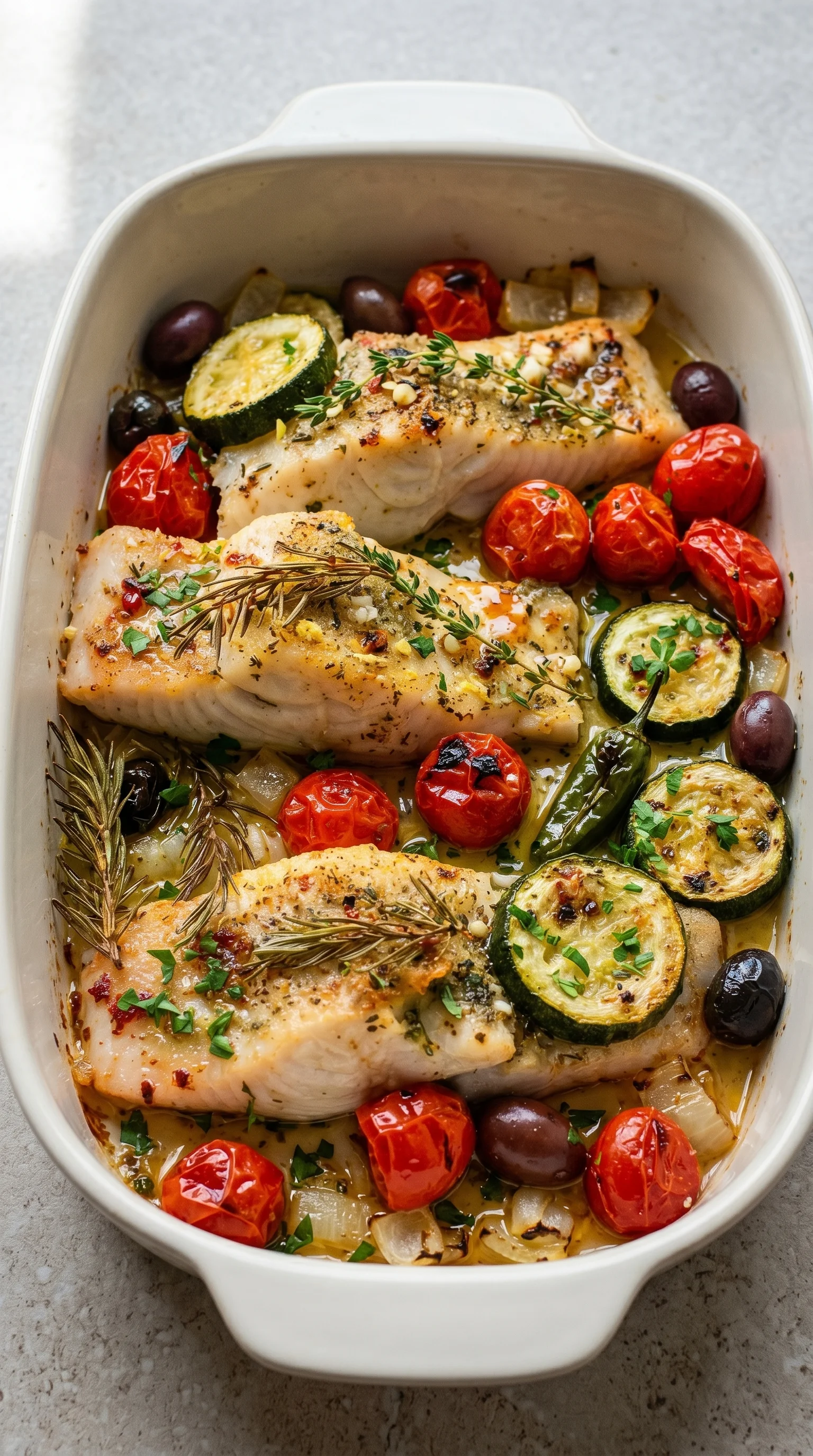 A dish of fish with tomatoes and herbs.