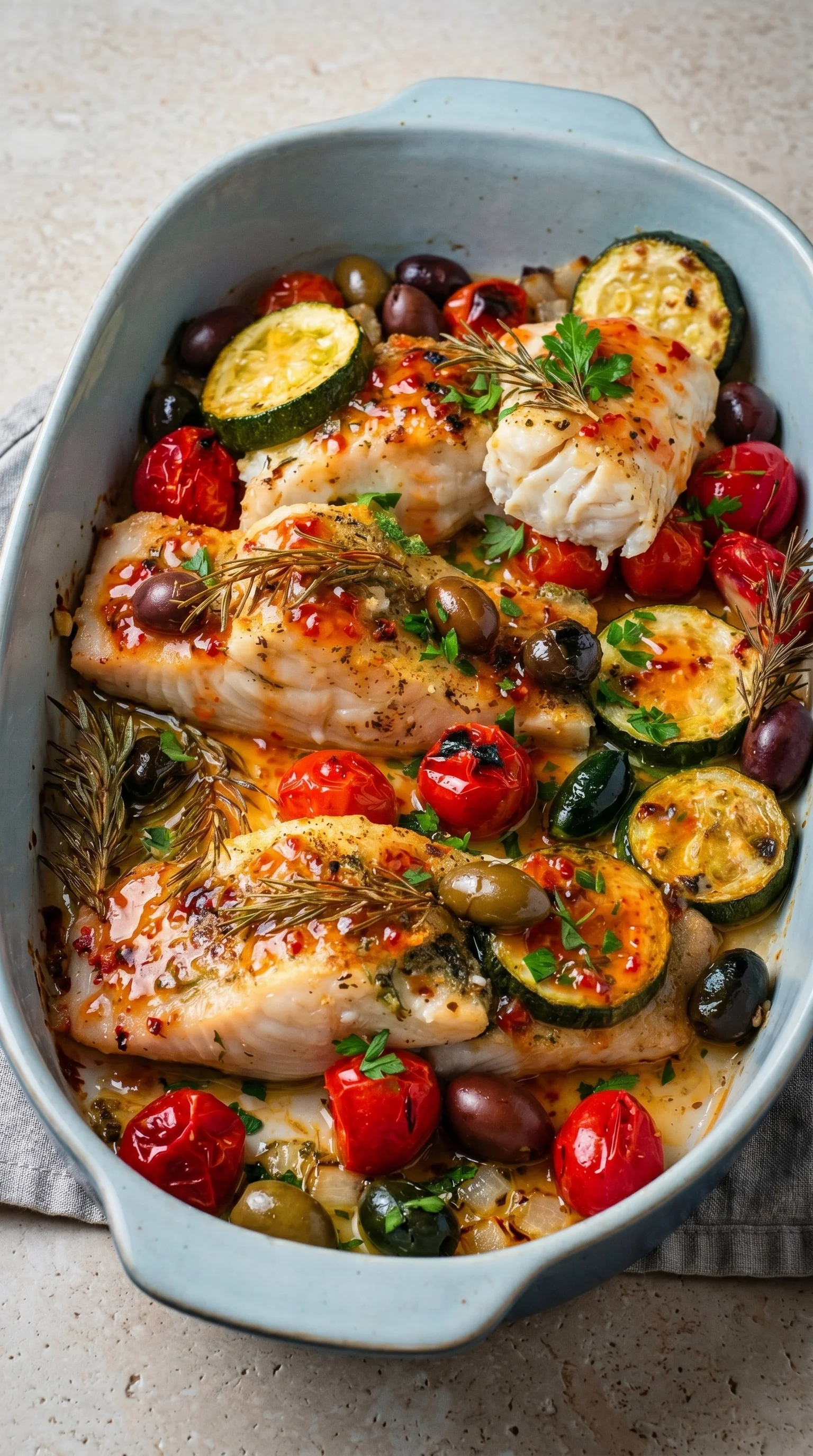 A dish of grilled fish with vegetables.