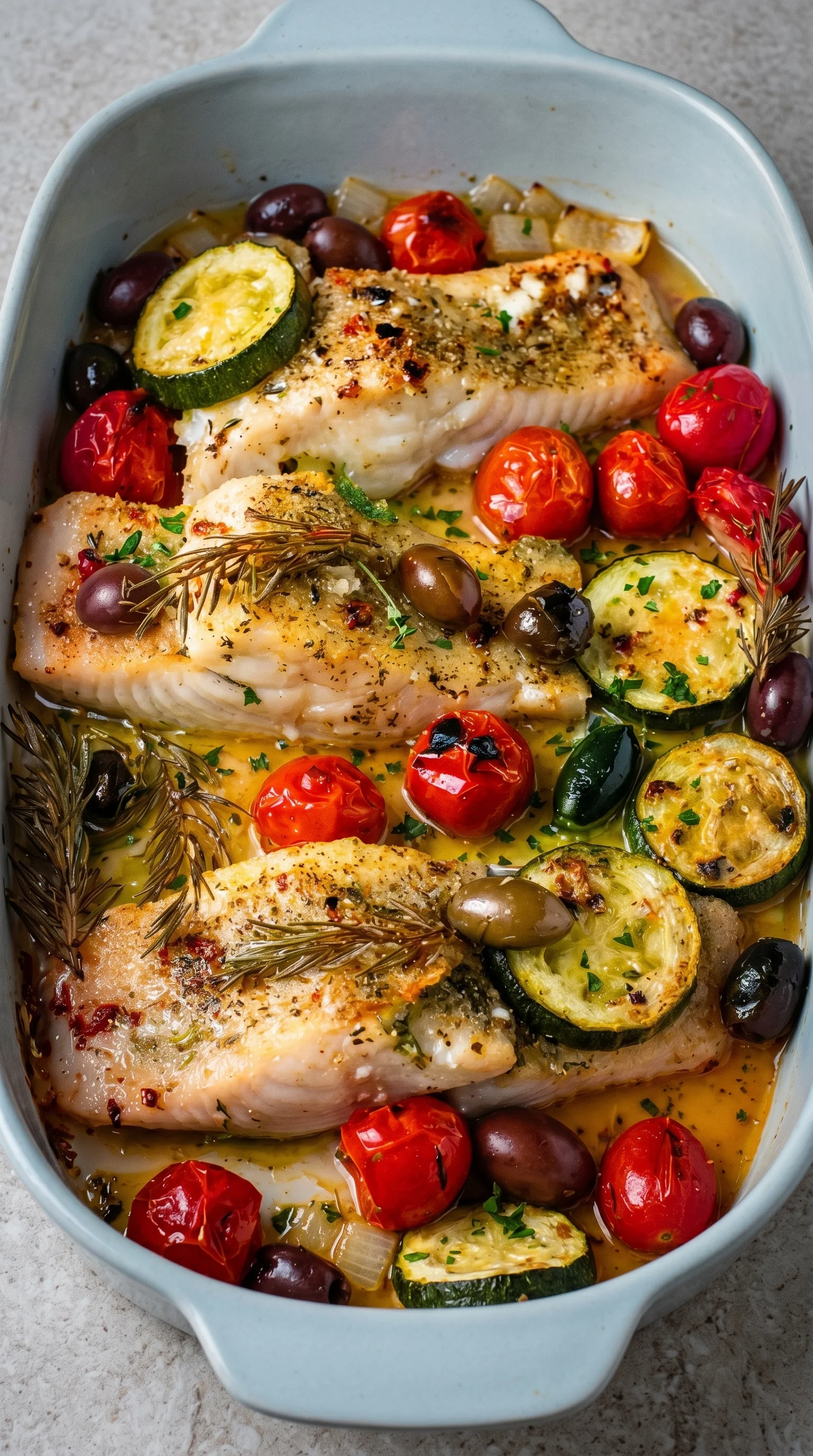 A dish of fish with tomatoes, olives, and herbs.