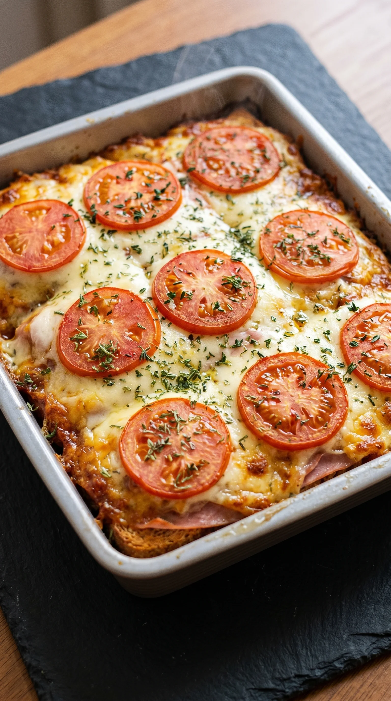 A pan of food with tomatoes and cheese.