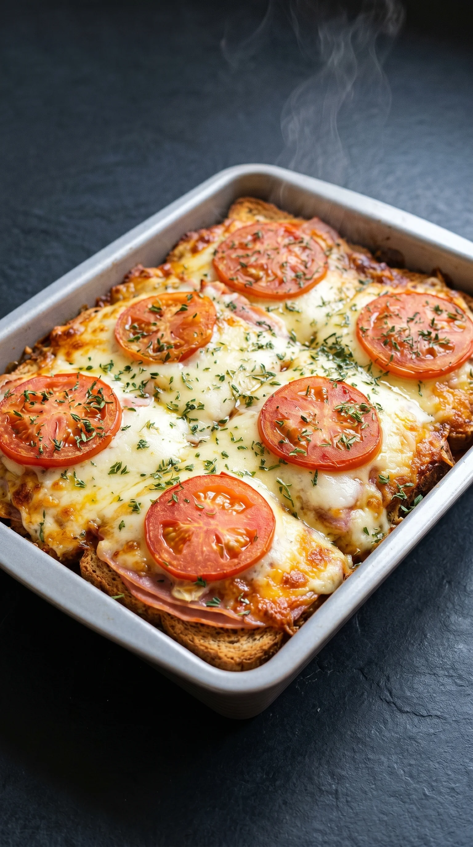 A dish of bread with cheese and tomatoes.