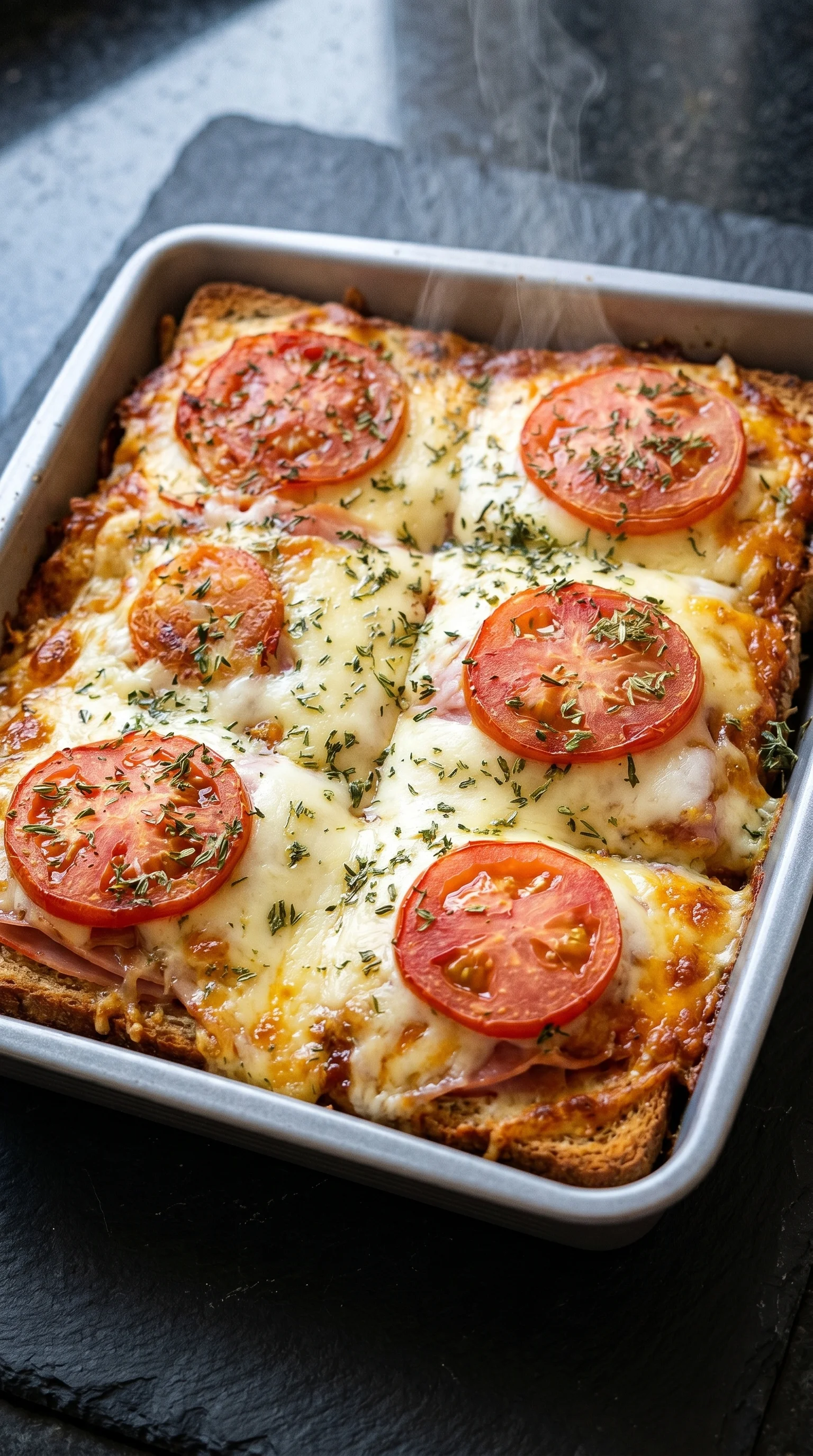 A pan of food with tomatoes and cheese.