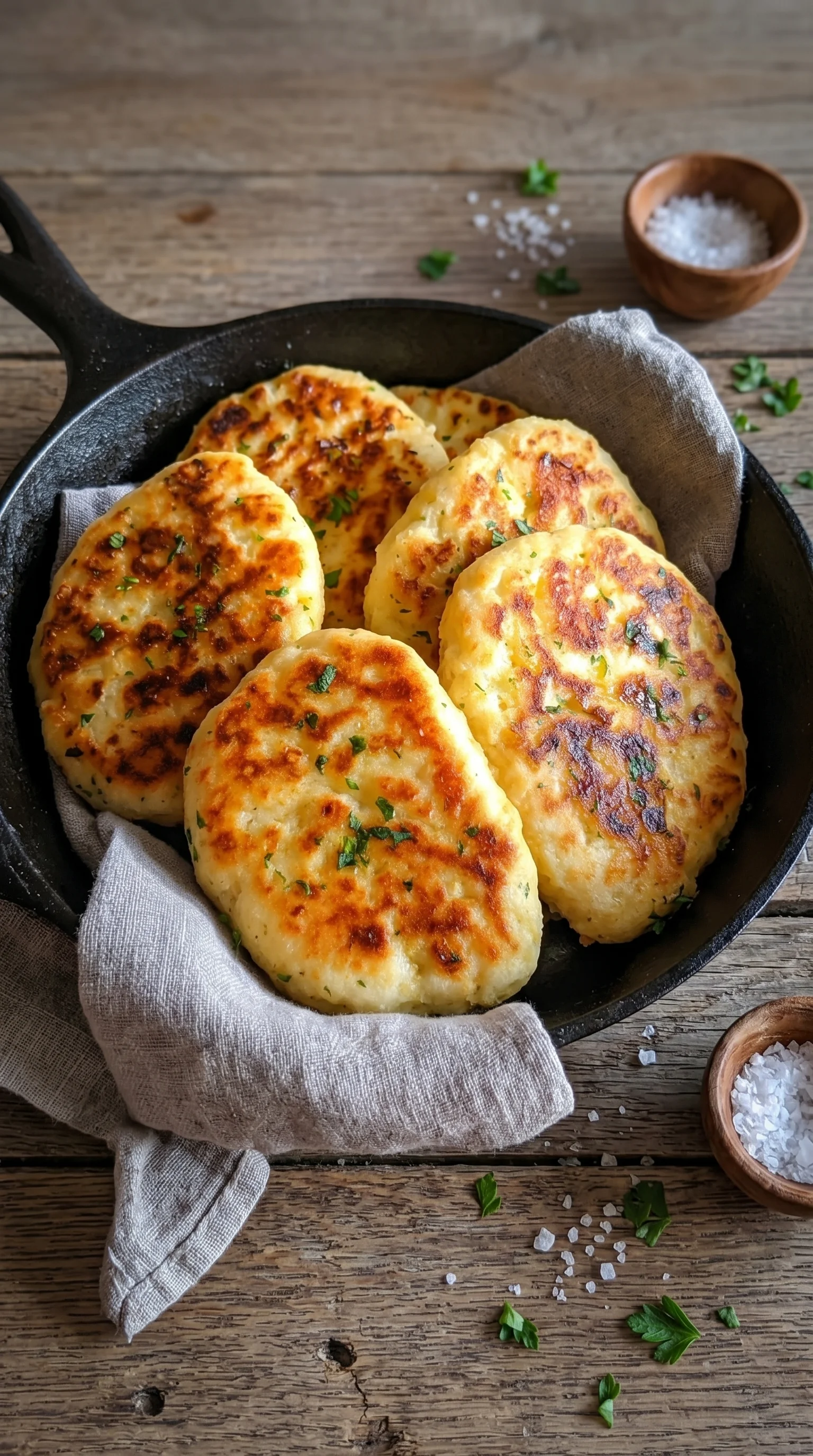 A pan of bread with green toppings.