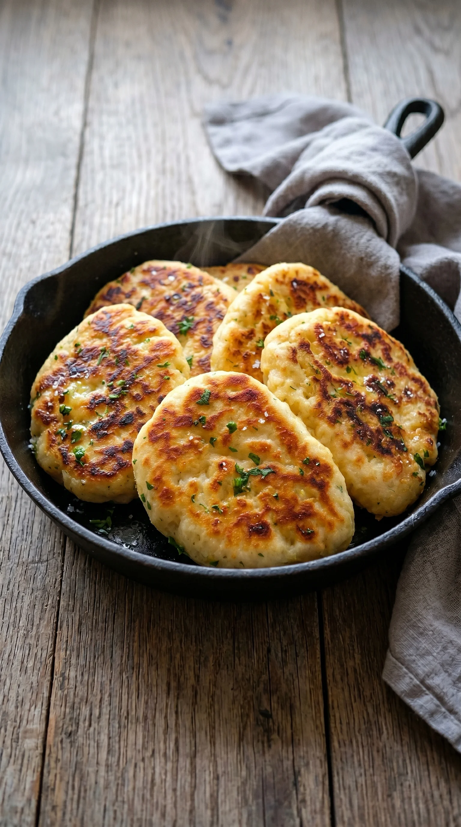 A pan of bread with herbs on top.