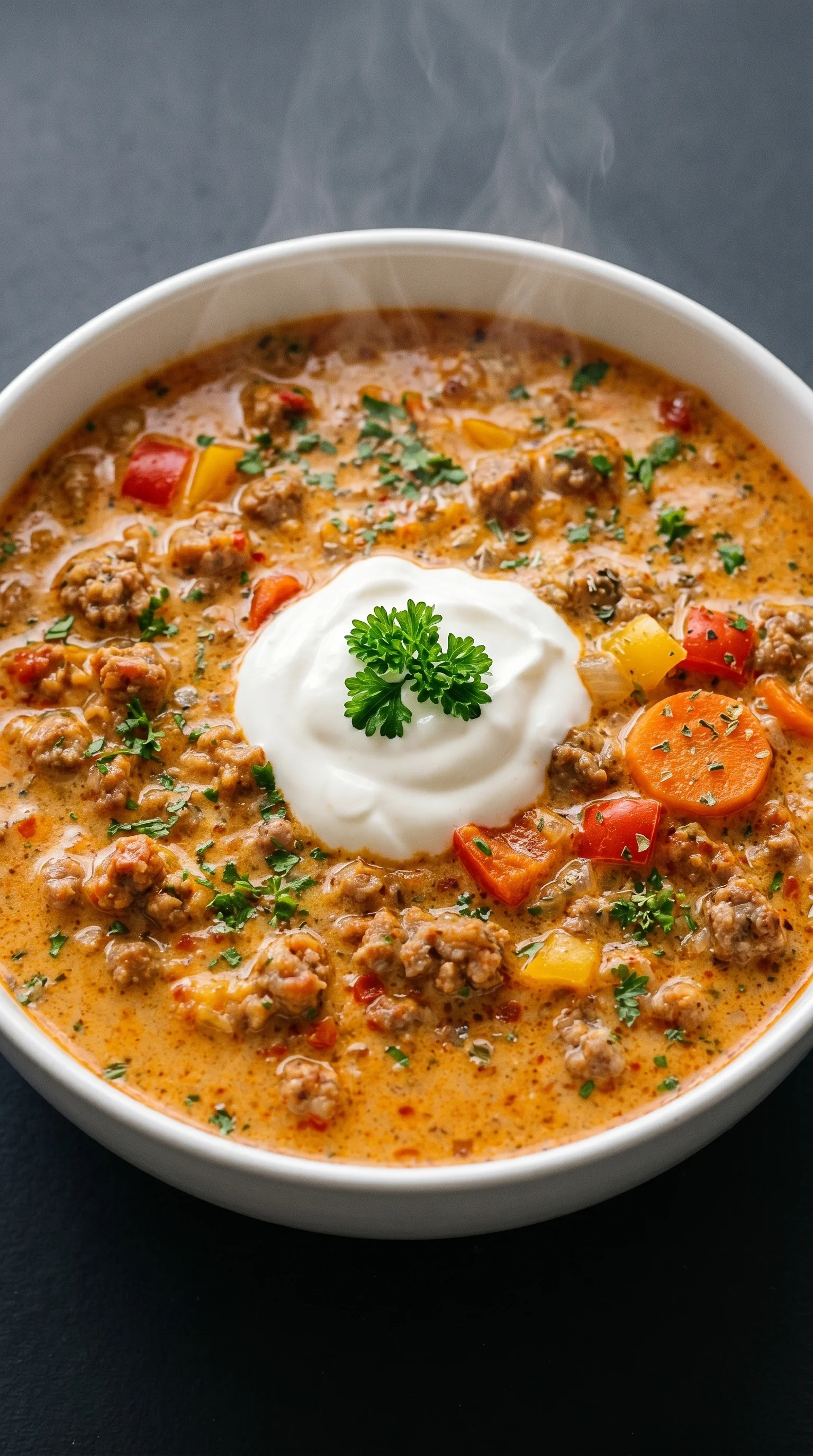 A bowl of Friss-dich-dumm-Suppe with a green herb on top.
