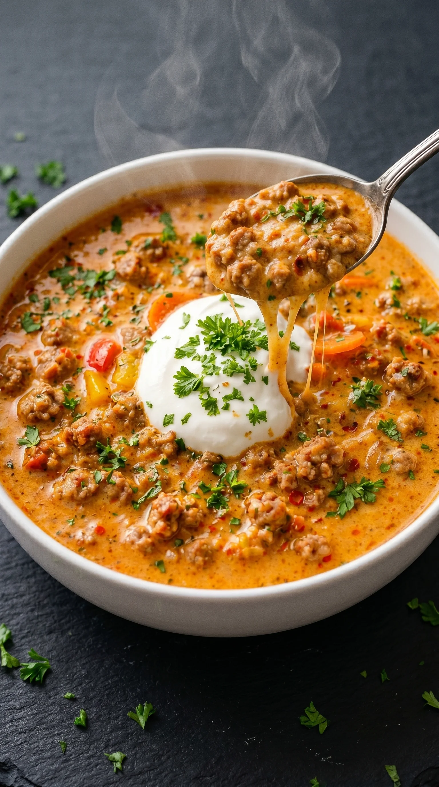 A bowl of Friss-dich-dumm-Suppe with a spoon in it.