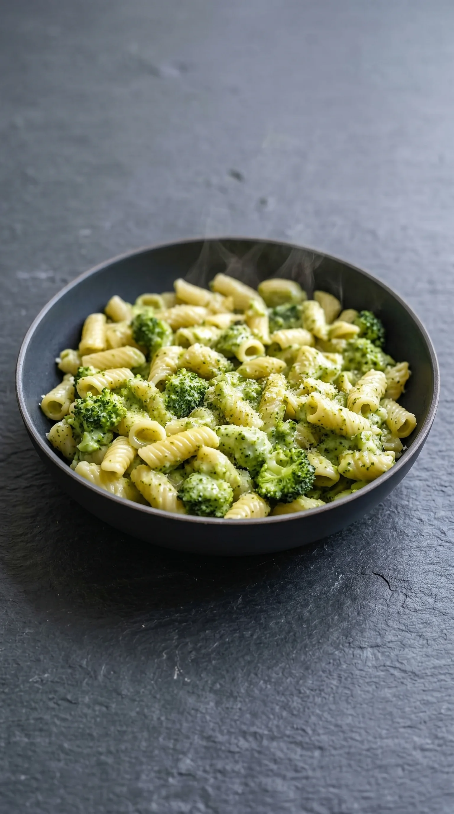 A bowl of pasta with broccoli.