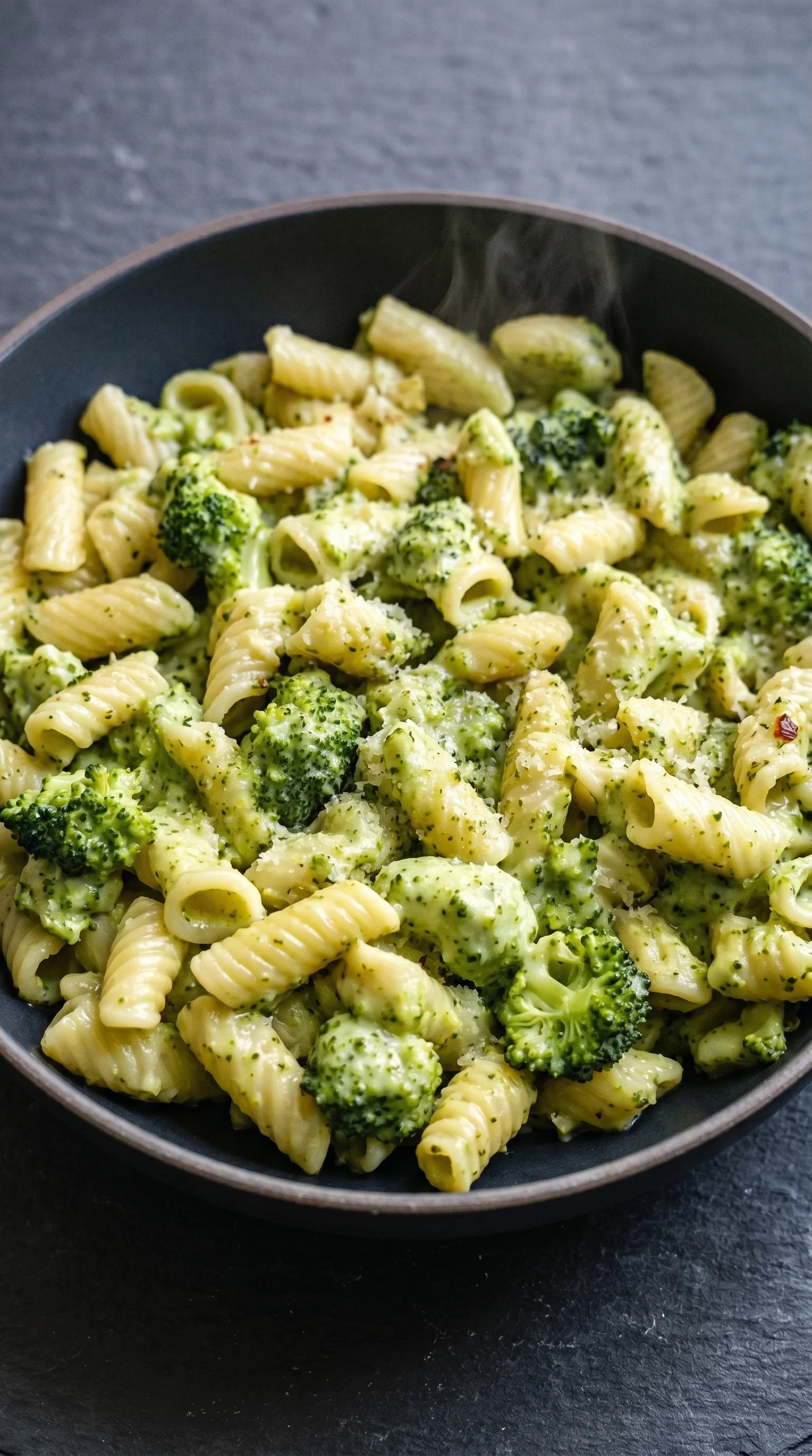 A bowl of pasta with broccoli.