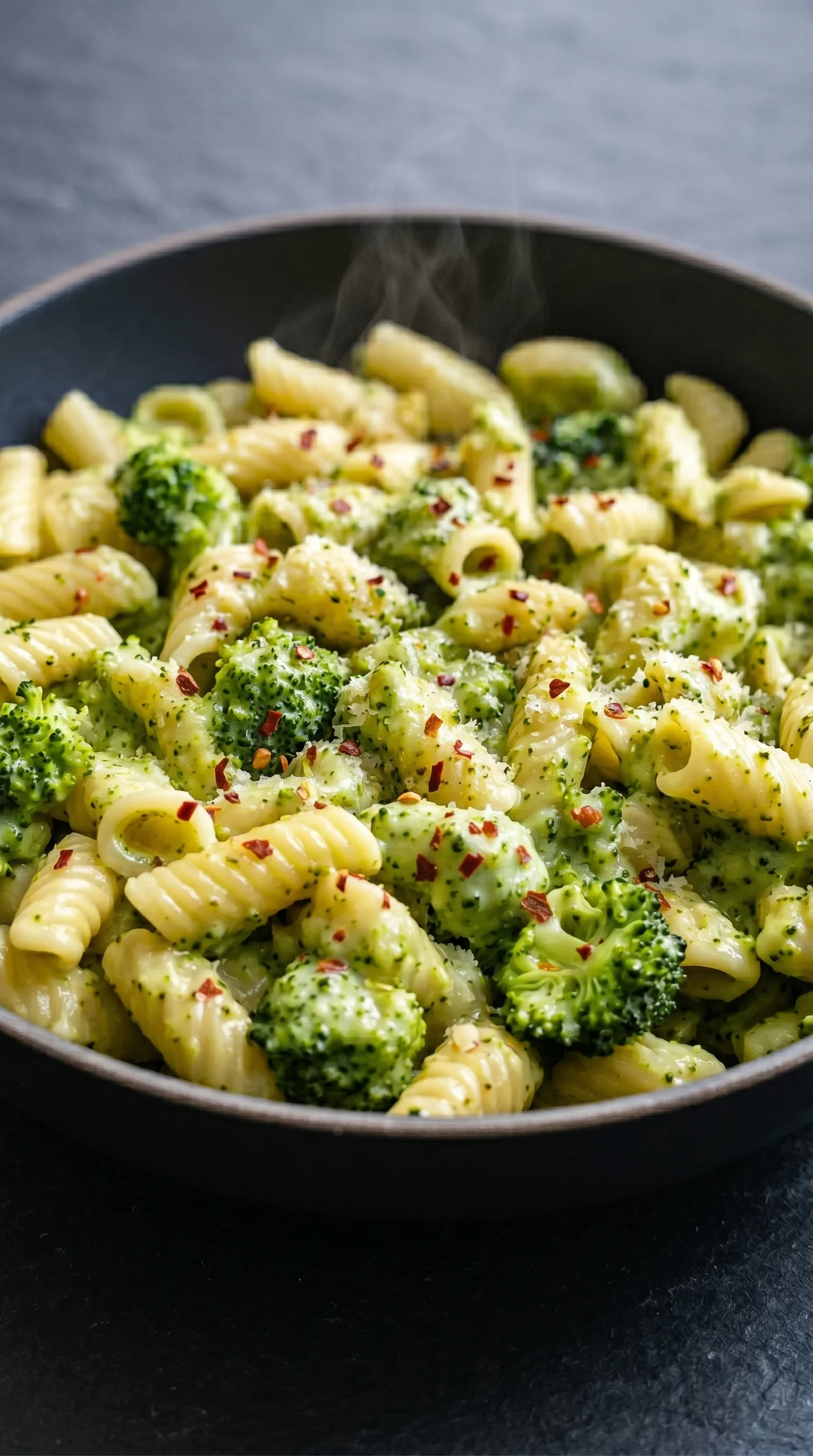 A bowl of pasta with broccoli and red pepper.
