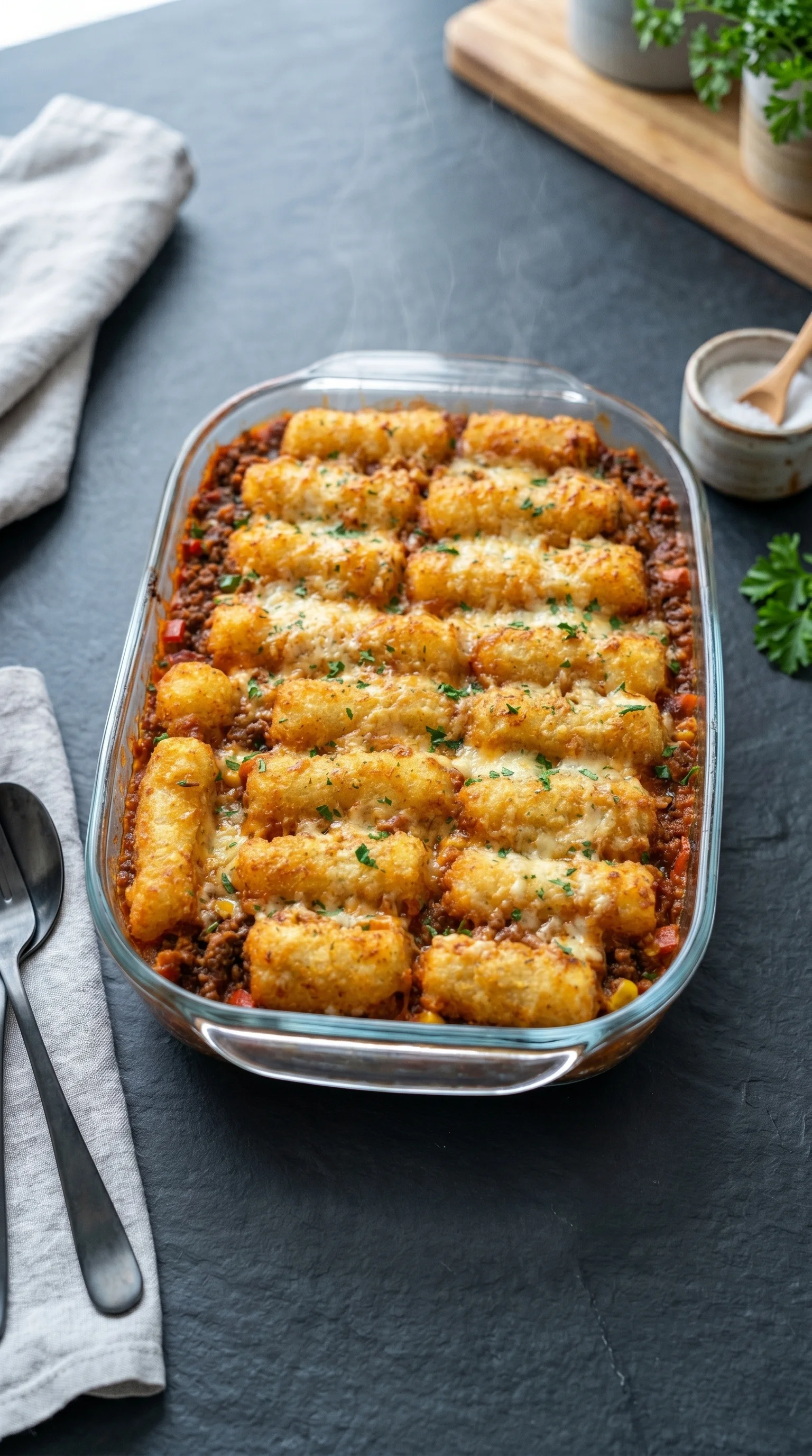 A glass dish filled with tater tots and meat.