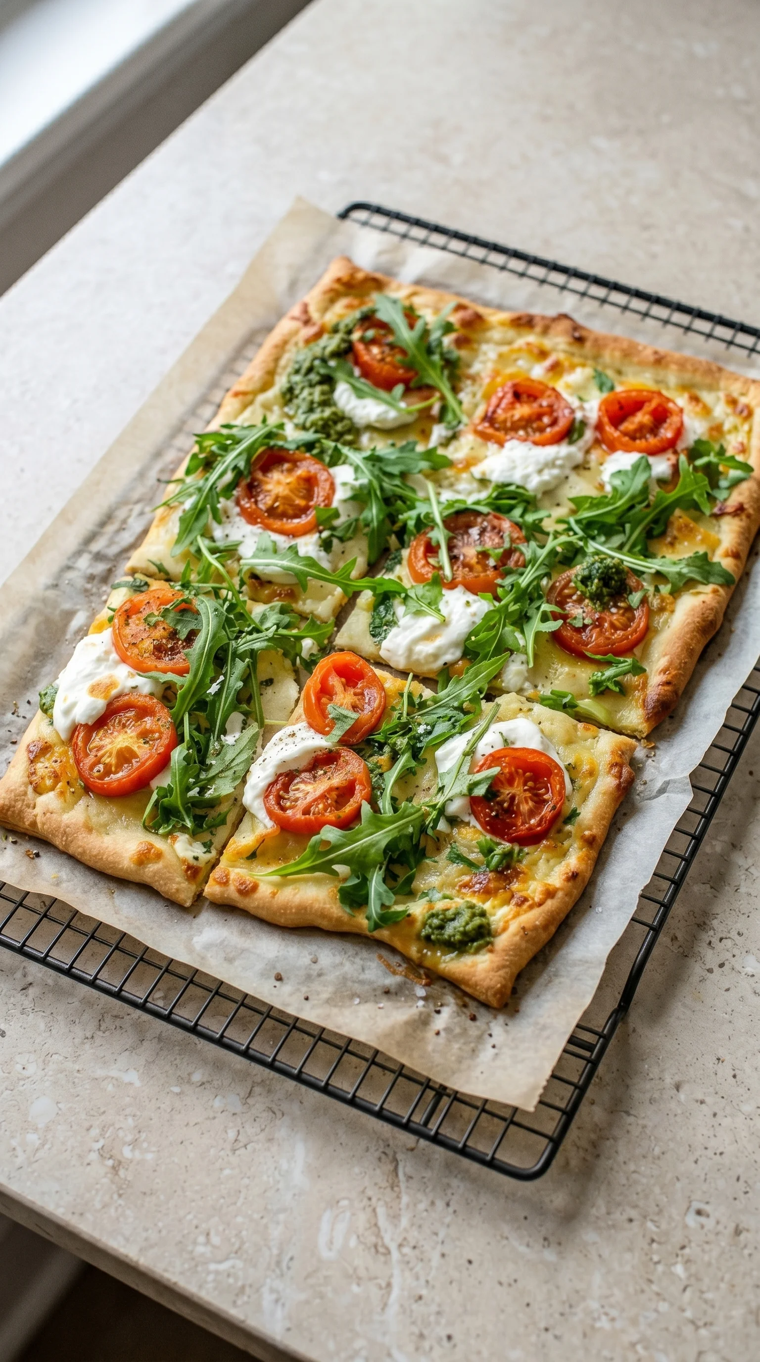 A pizza with tomatoes, spinach, and cheese.