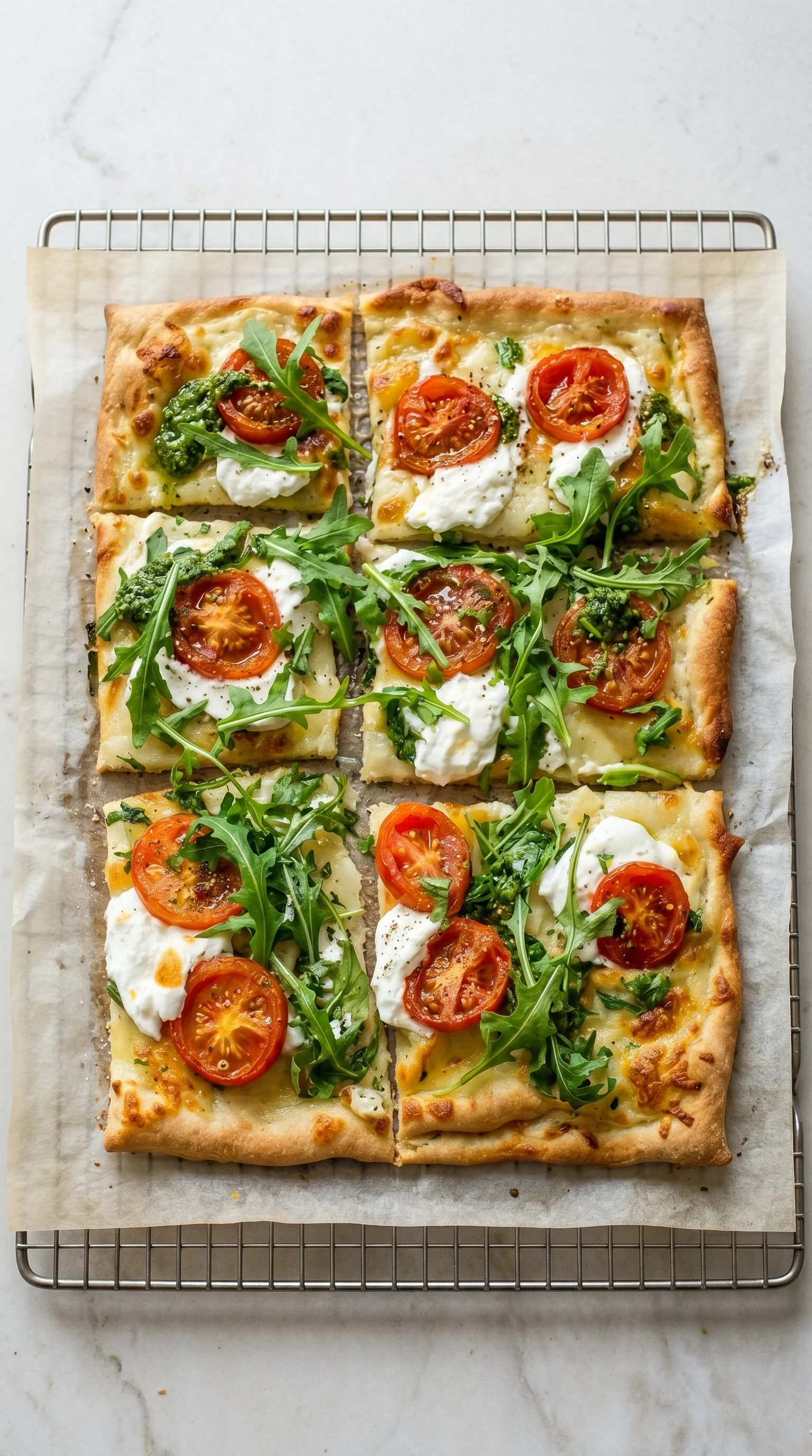 A pizza with tomatoes and spinach.