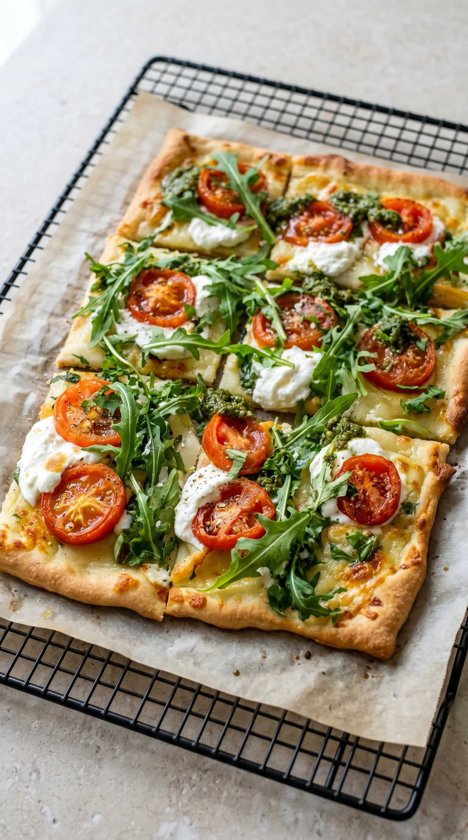 A vegetarian pizza with tomatoes and spinach.