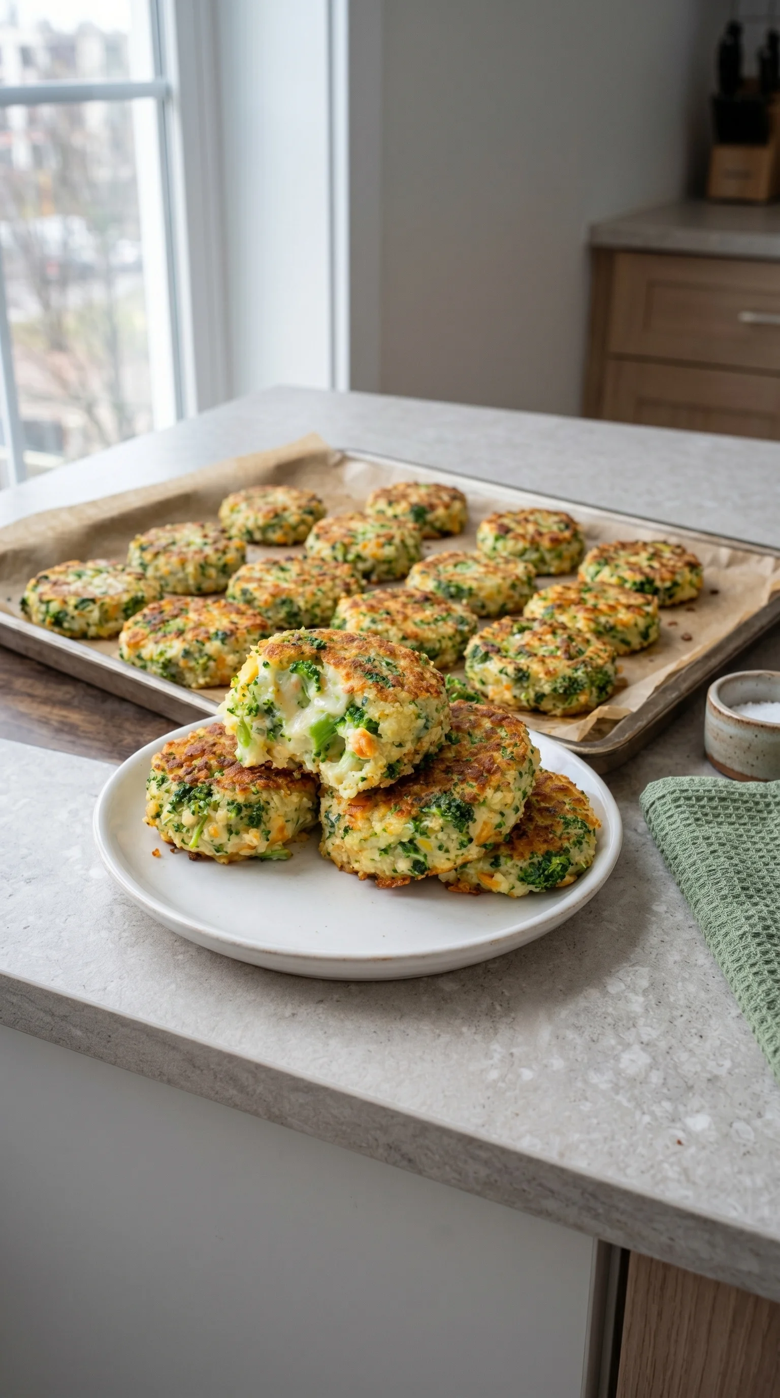 A plate of broccoli cakes.