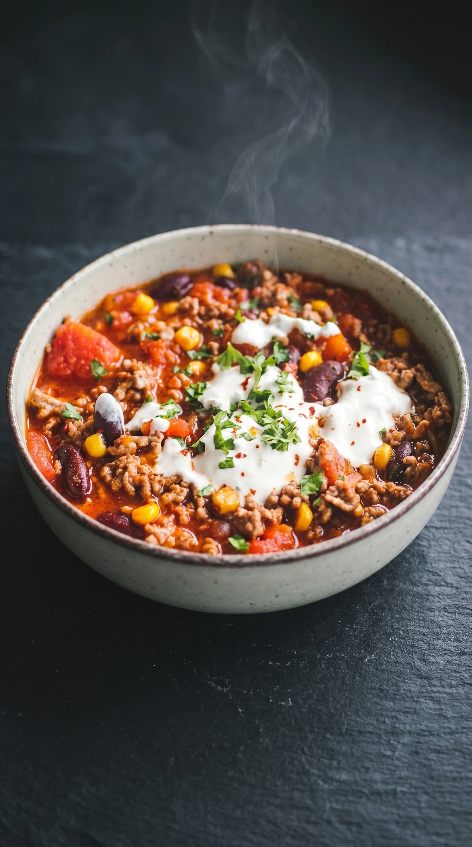 A bowl of chili con carne with tomatoes, beans, and cheese.