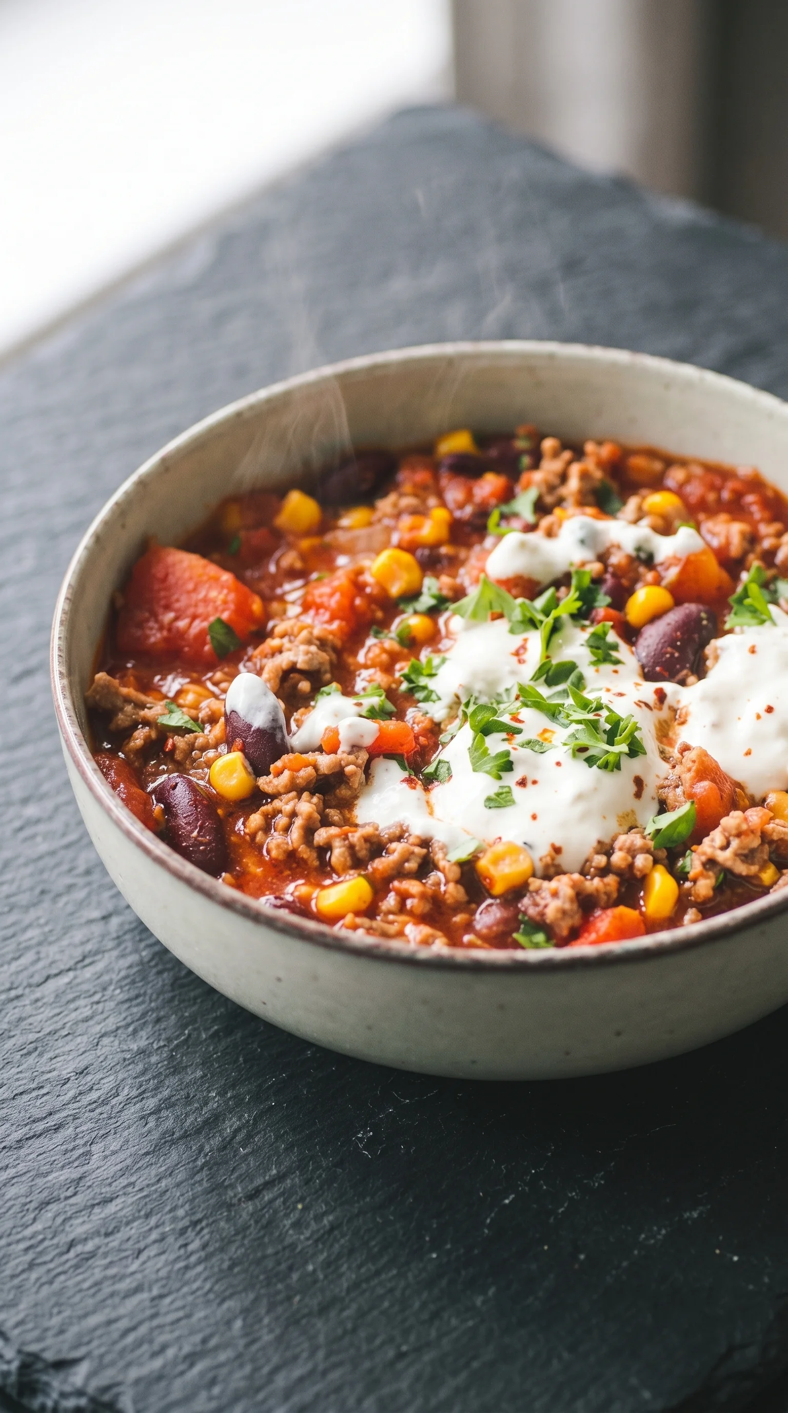 A bowl of chili con carne with white cheese on top.