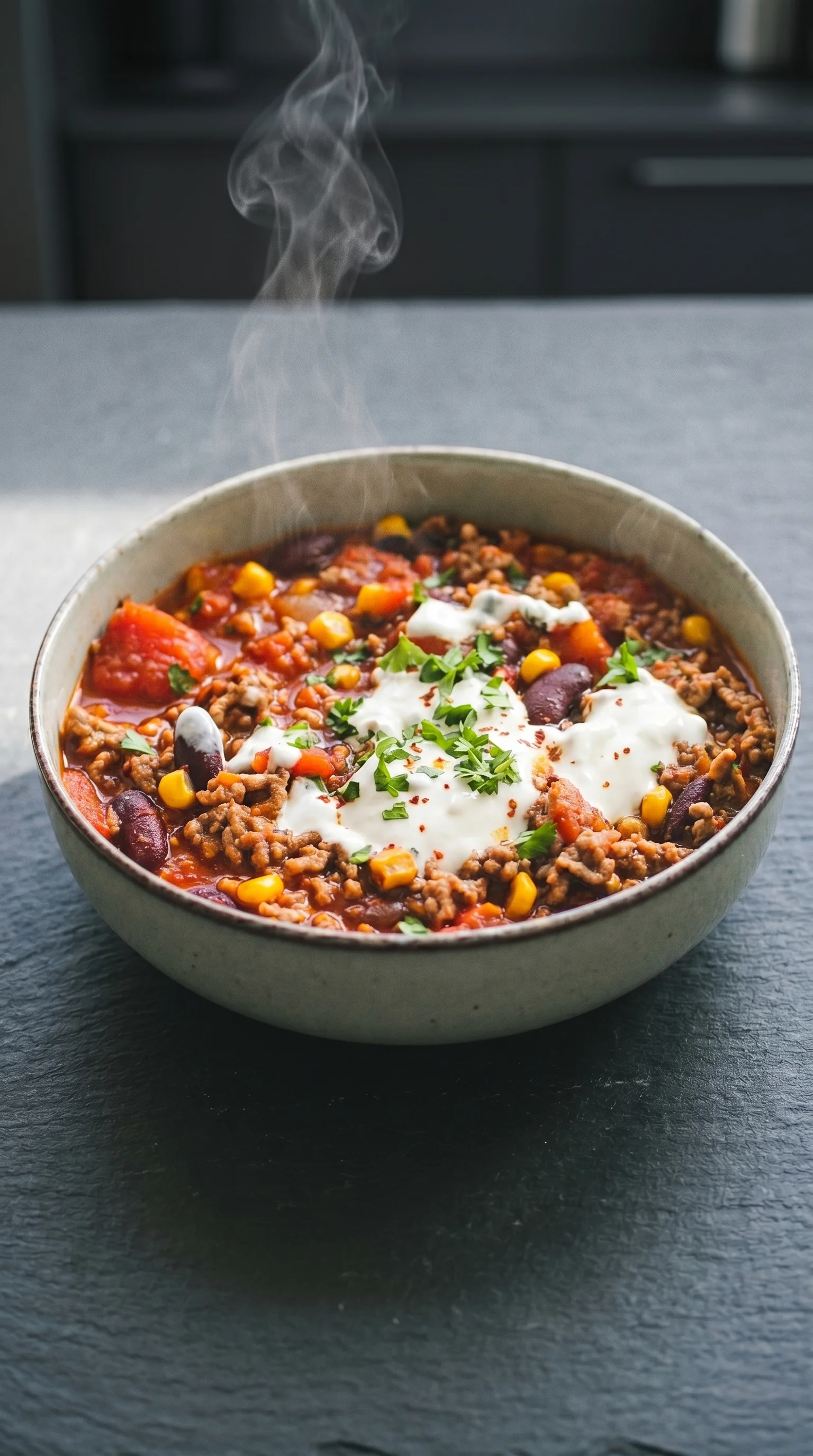 A bowl of chili con carne with white cheese on top.