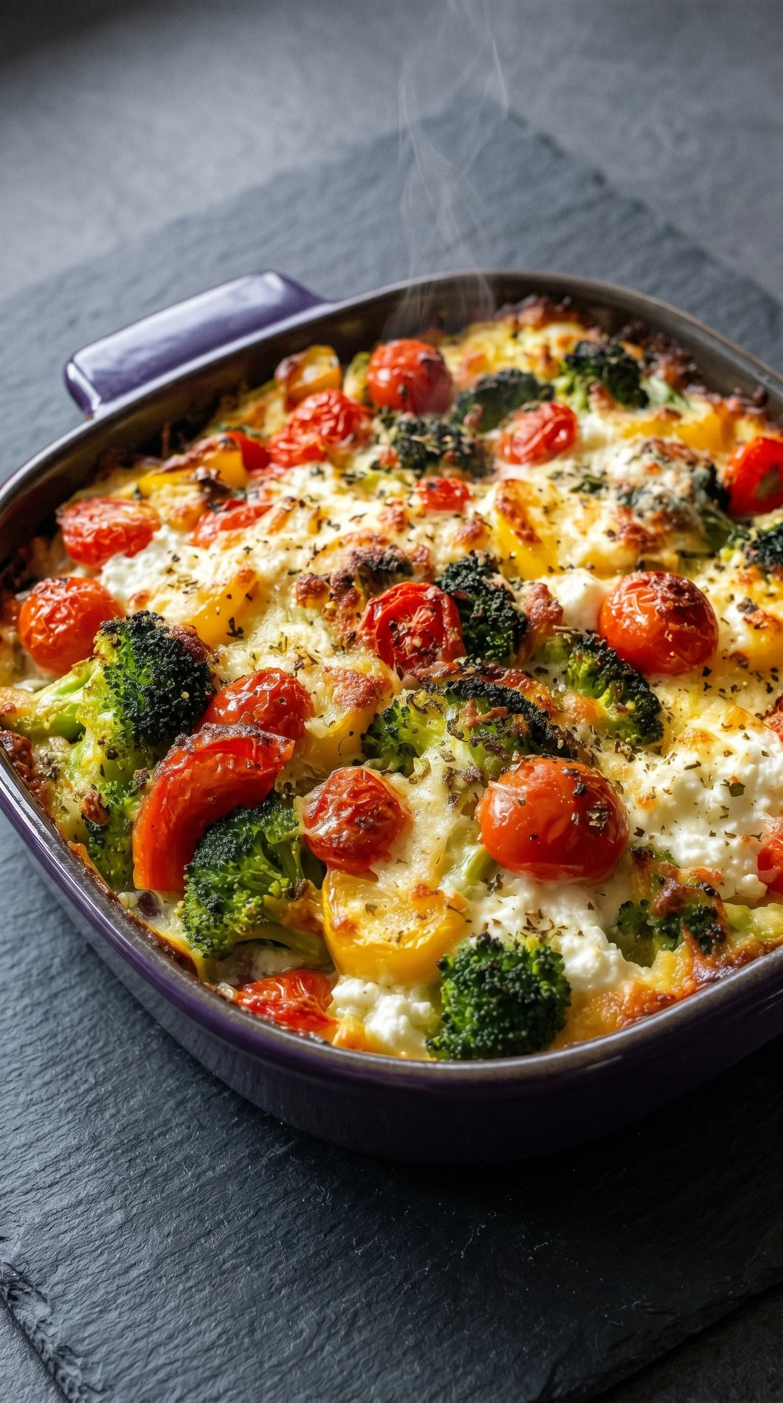 A dish of food with broccoli and tomatoes.