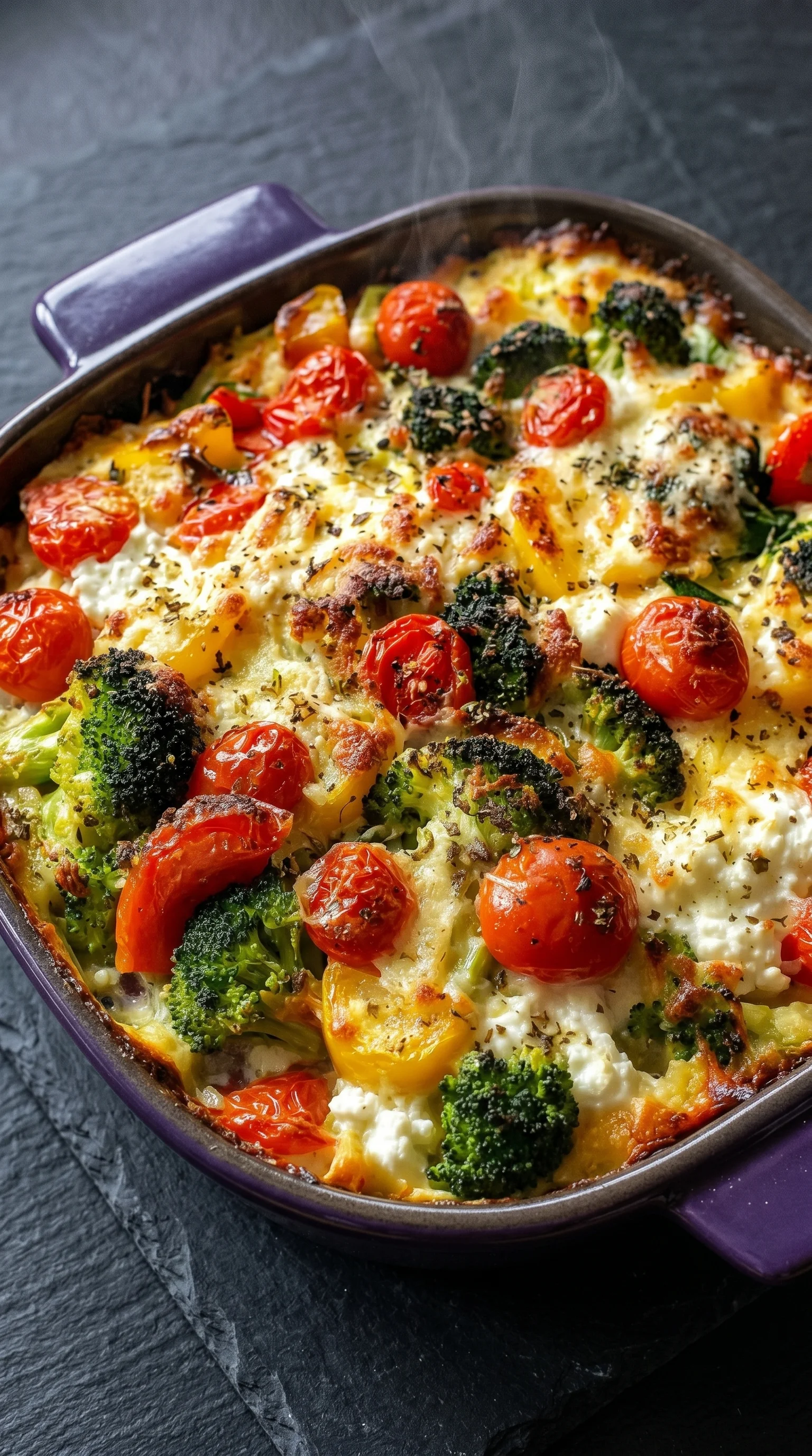 A dish of food with broccoli and tomatoes.