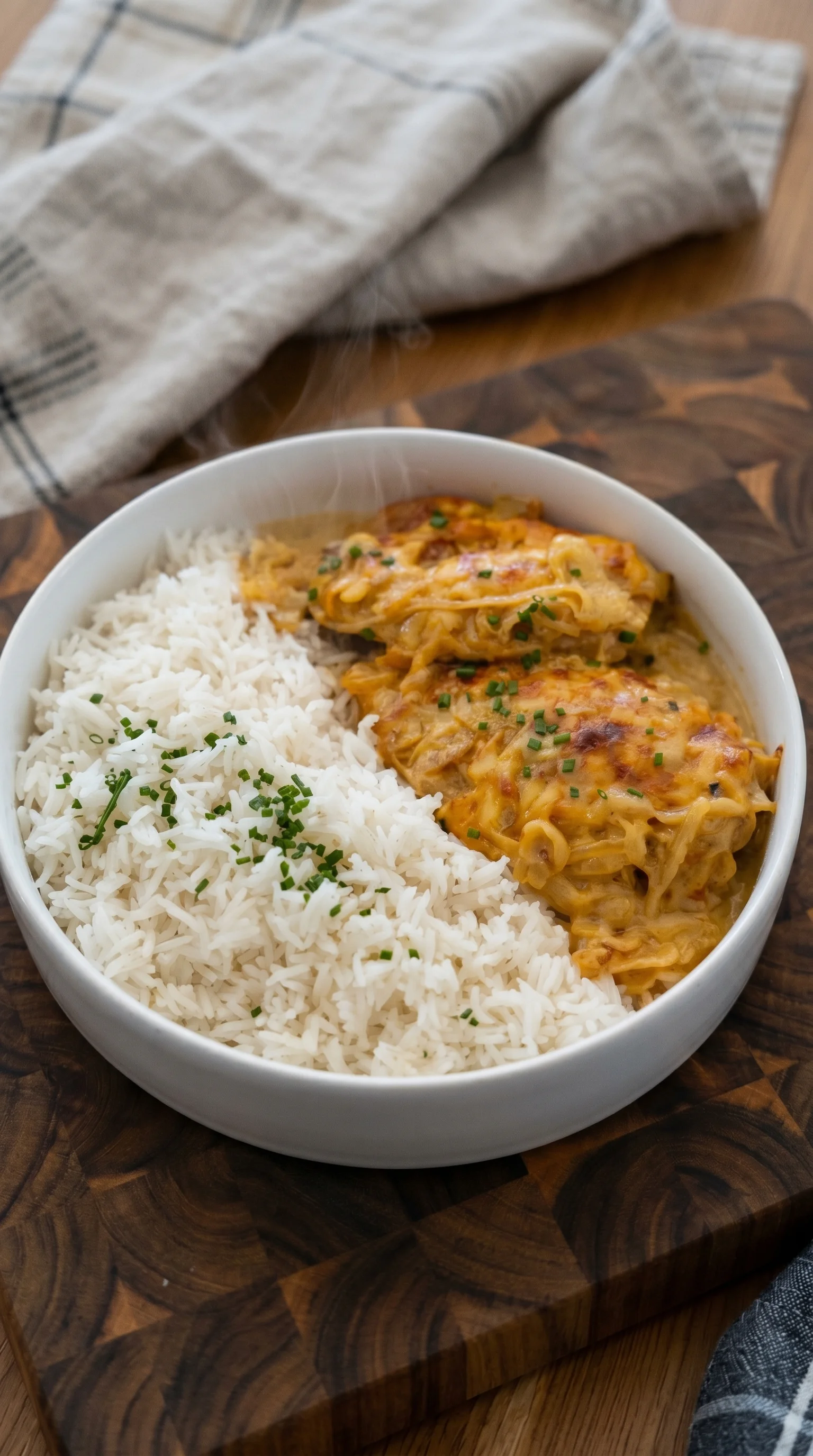 A bowl of rice and chicken.