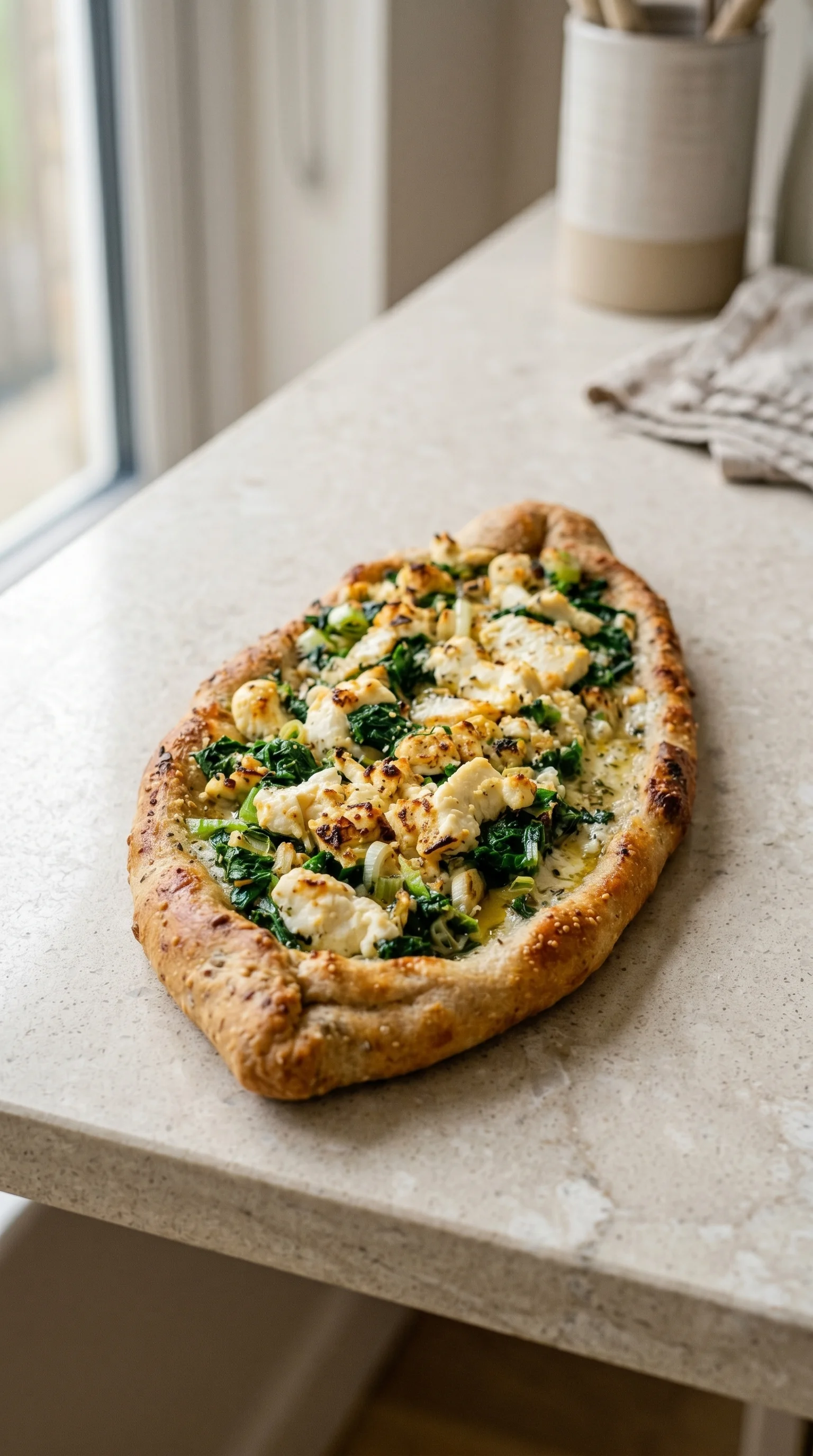 A high protein pide with broccoli and cheese.