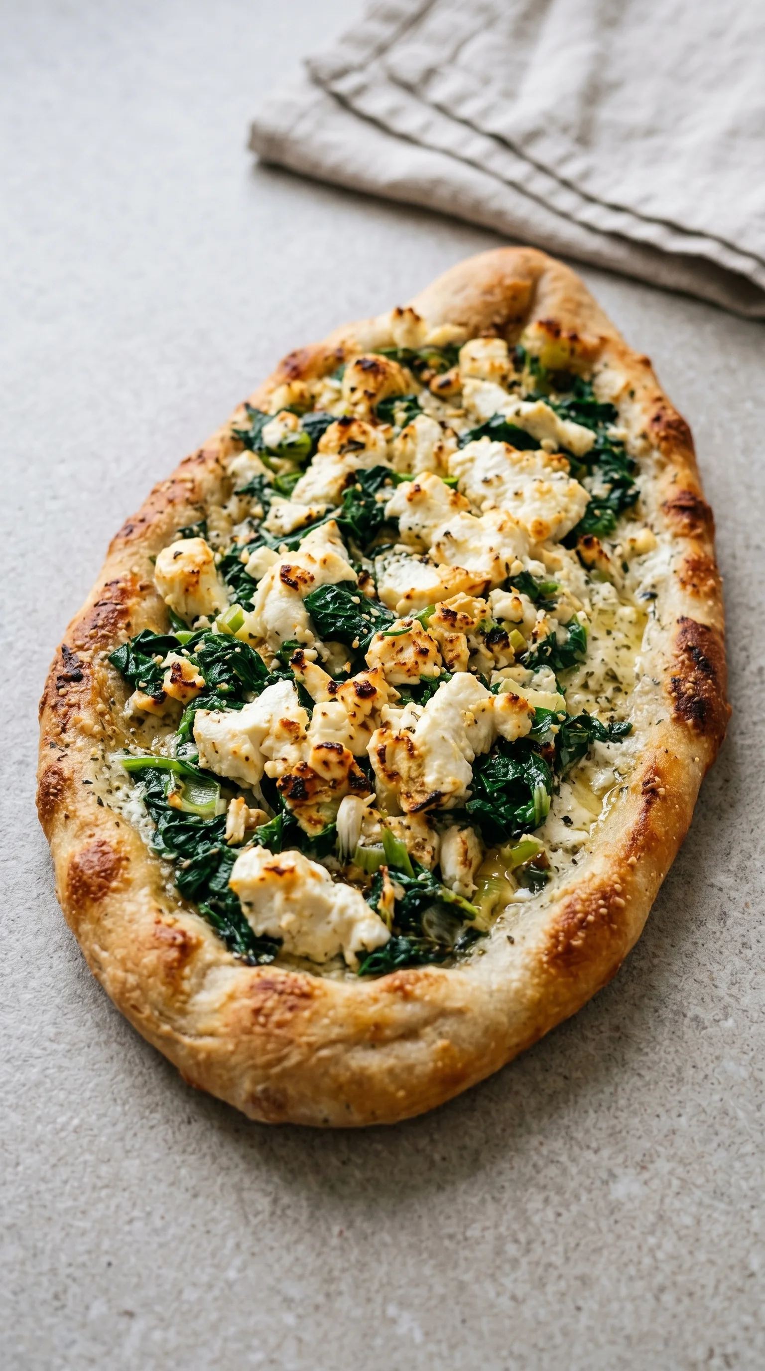 A pizza with spinach and cheese on top.