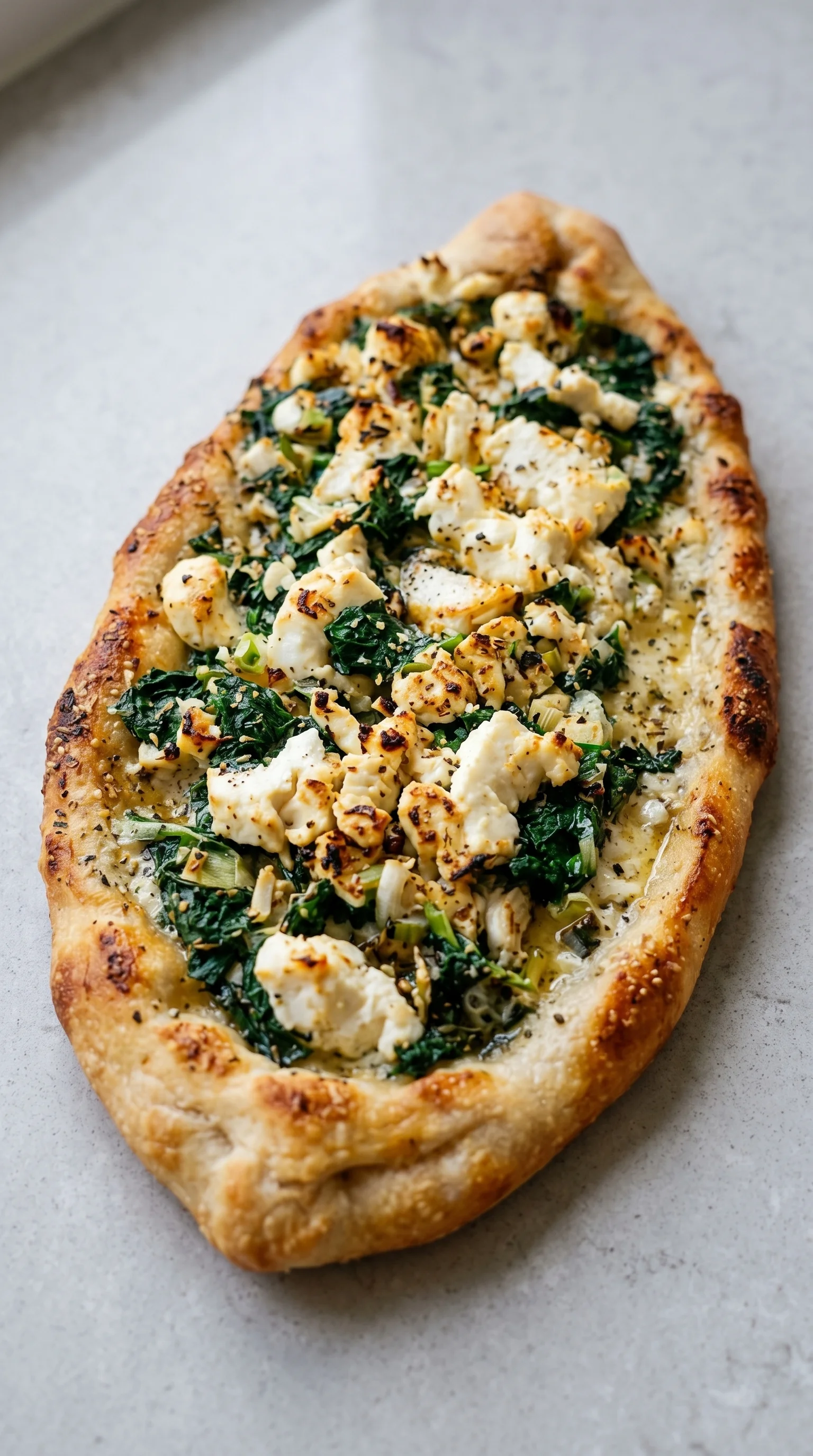 A pizza with spinach and cheese on top.