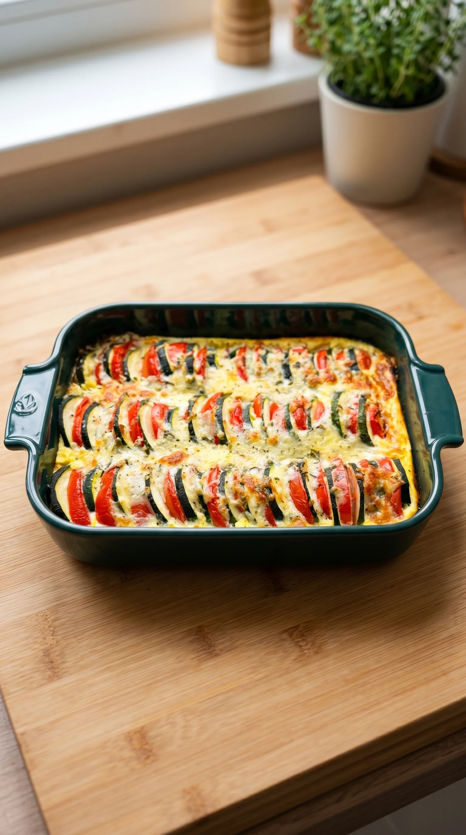 A green dish filled with zucchini and tomatoes.